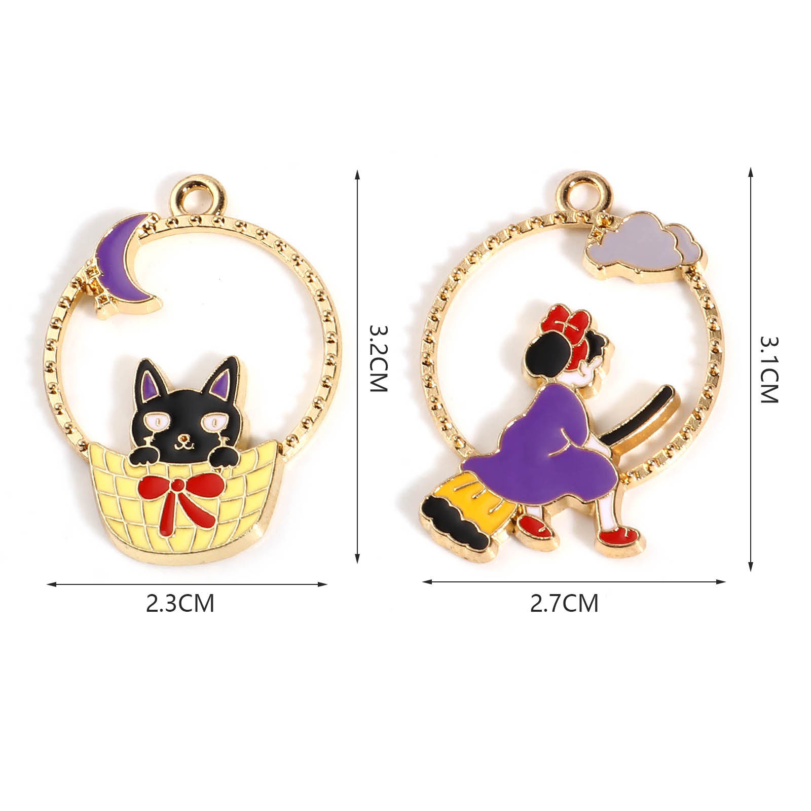 Picture of Zinc Based Alloy Charms Cat Animal Gold Plated Multicolor Halloween Witch Enamel 10 PCs
