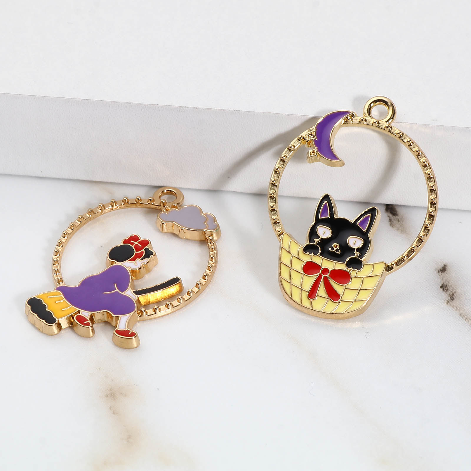 Picture of Zinc Based Alloy Charms Cat Animal Gold Plated Multicolor Halloween Witch Enamel 10 PCs