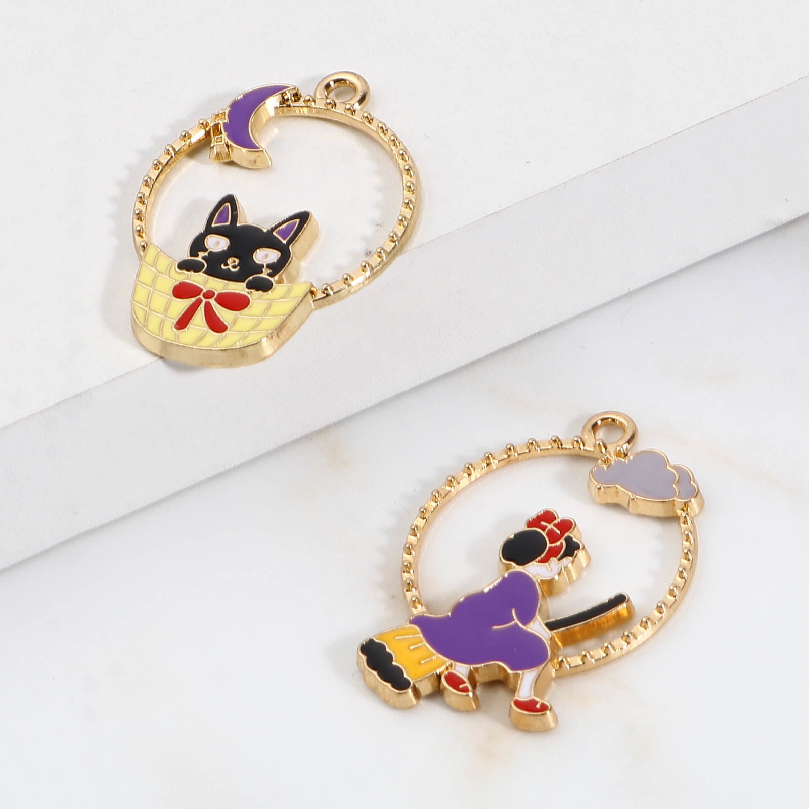 Picture of Zinc Based Alloy Charms Cat Animal Gold Plated Multicolor Halloween Witch Enamel 10 PCs