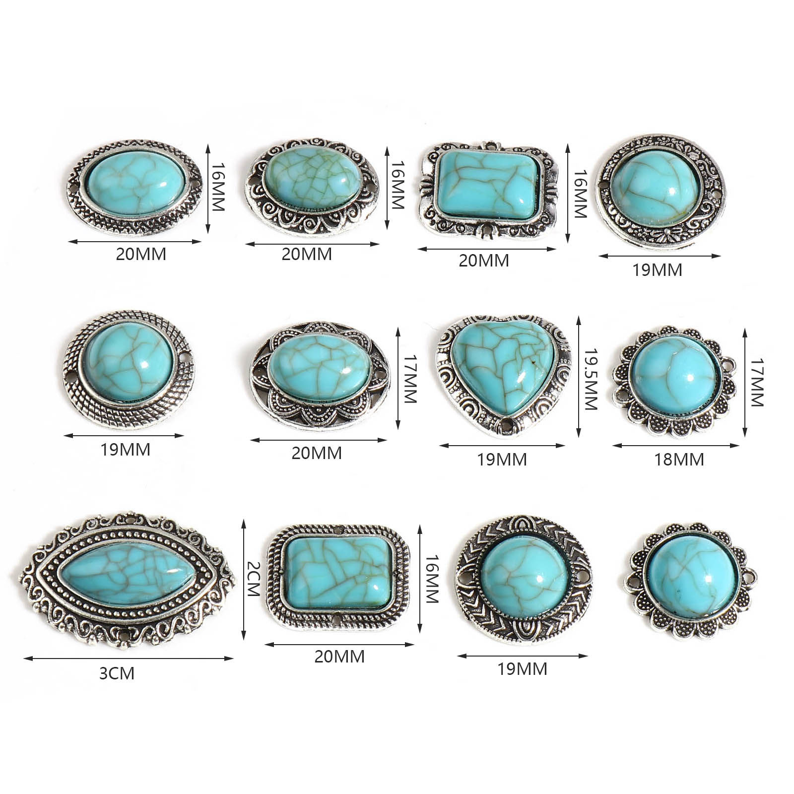Picture of Zinc Based Alloy & Acrylic Boho Chic Bohemia Connectors Antique Silver Color Green Blue Imitation Turquoise 10 PCs