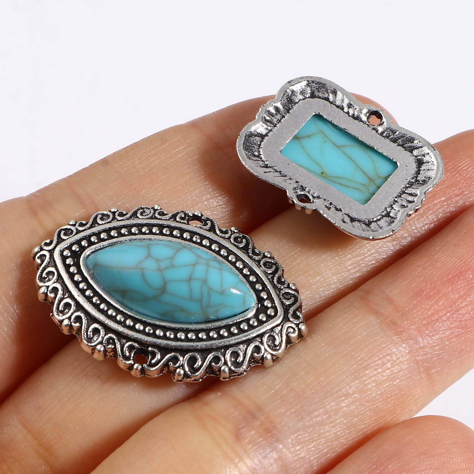 Picture of Zinc Based Alloy & Acrylic Boho Chic Bohemia Connectors Antique Silver Color Green Blue Imitation Turquoise 10 PCs