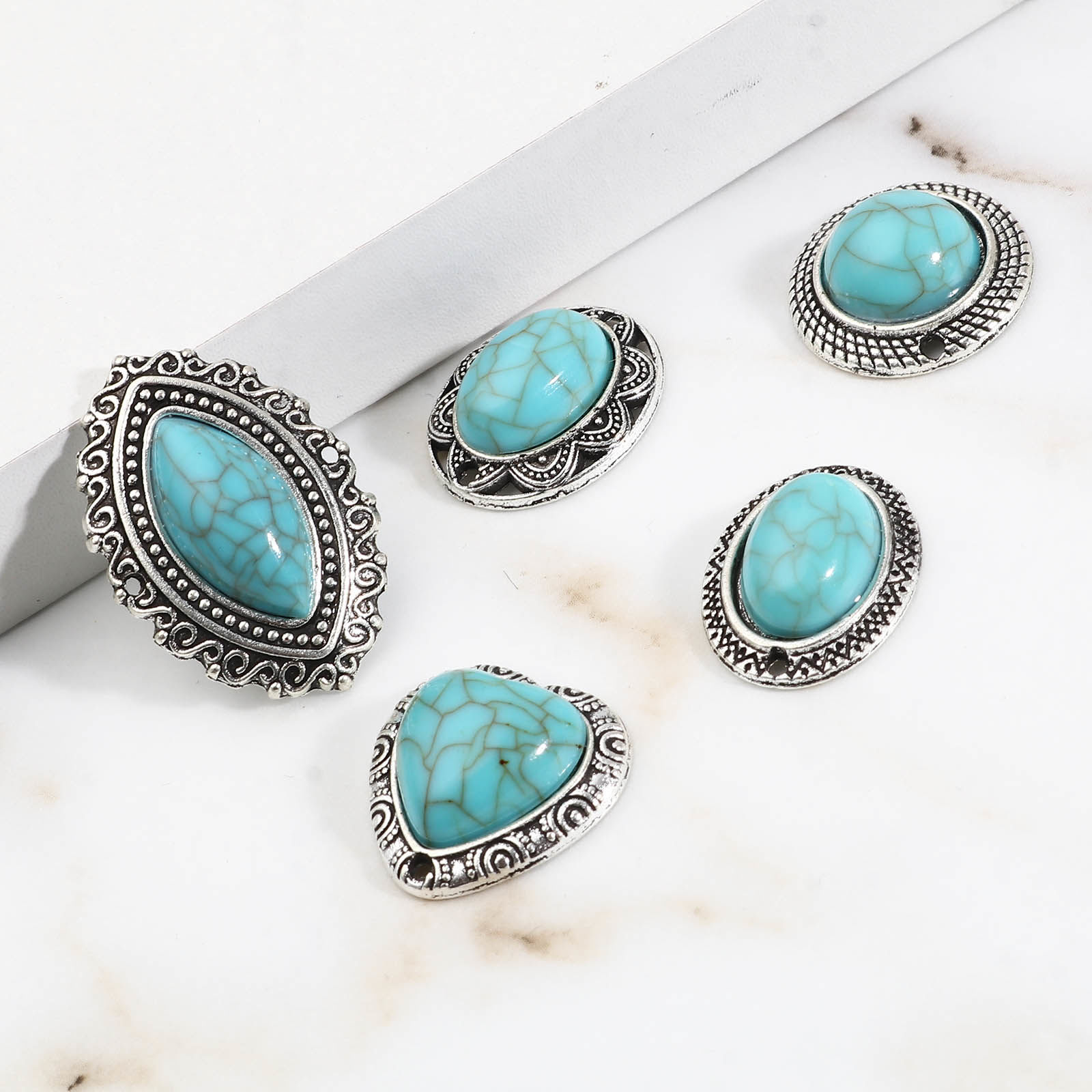 Picture of Zinc Based Alloy & Acrylic Boho Chic Bohemia Connectors Antique Silver Color Green Blue Imitation Turquoise 10 PCs