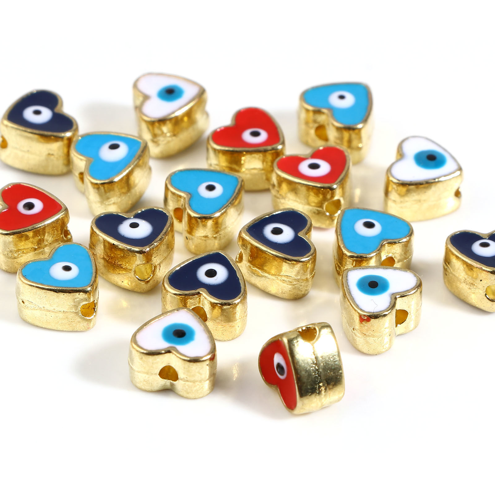 Image de Perles en Alliage de Zinc Religieux Cœur Doré Multicolore Œil Mauvais Gravé Émail 8mm x 7mm, Trou: env. 1.8mm, 10 Pcs