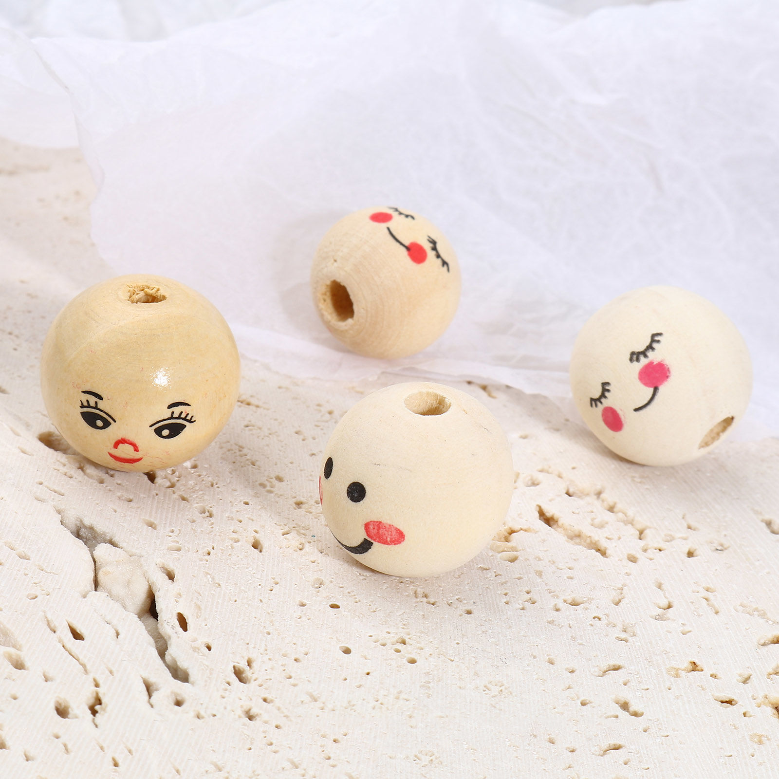 Picture of Natural Wood Spacer Beads Round Beige Smile 20 PCs