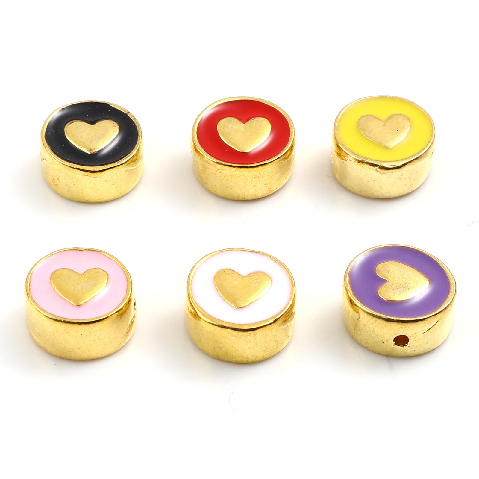 Picture of Zinc Based Alloy Valentine's Day Spacer Beads Flat Round Gold Plated Multicolor Heart Enamel About 10mm Dia., Hole: Approx 1.3mm, 10 PCs