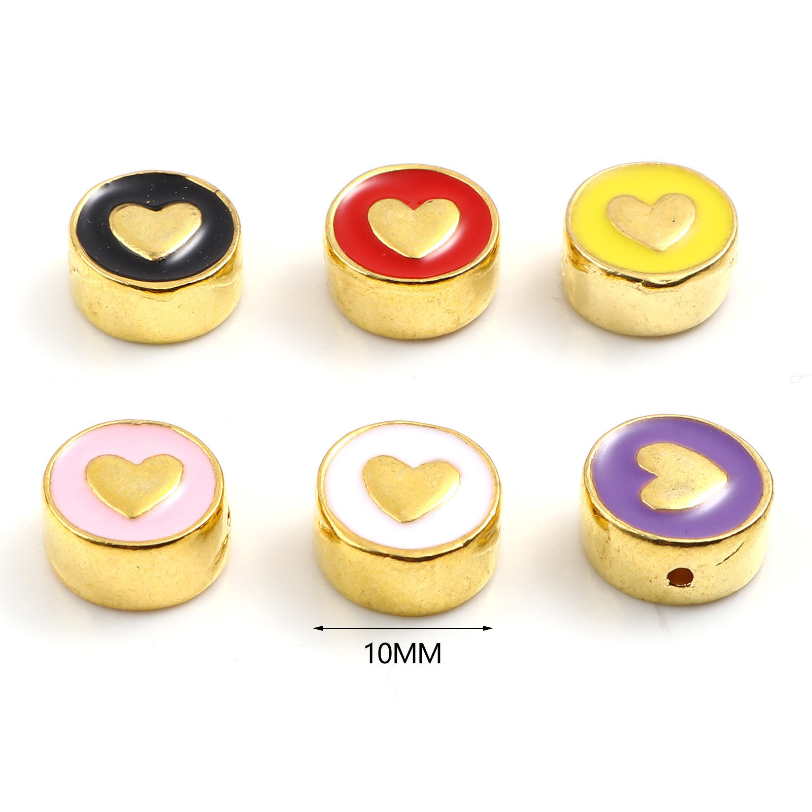 Picture of Zinc Based Alloy Valentine's Day Spacer Beads Flat Round Gold Plated Multicolor Heart Enamel About 10mm Dia., Hole: Approx 1.3mm, 10 PCs