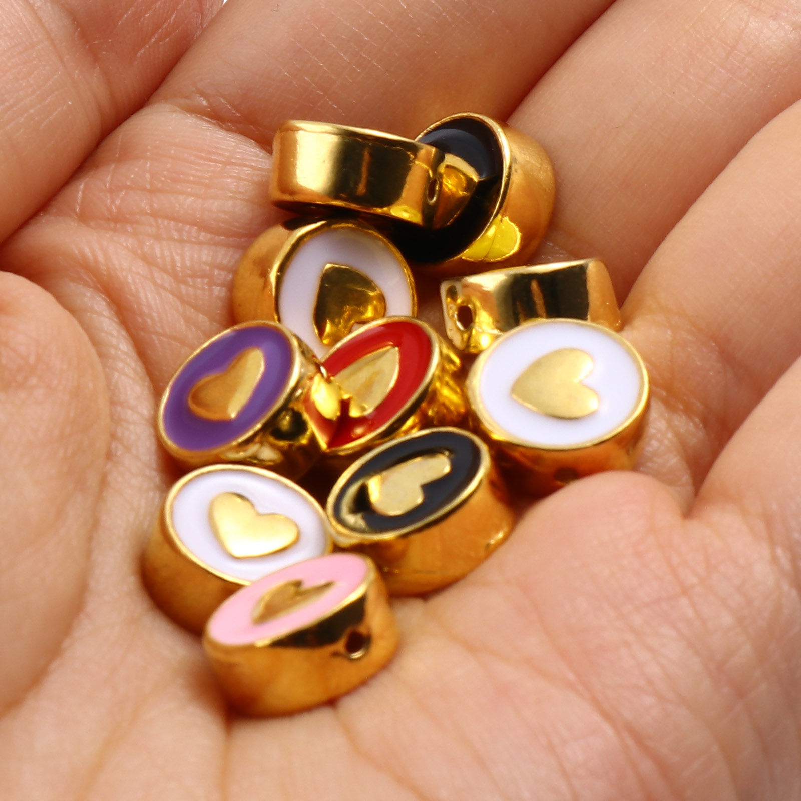Picture of Zinc Based Alloy Valentine's Day Spacer Beads Flat Round Gold Plated Multicolor Heart Enamel About 10mm Dia., Hole: Approx 1.3mm, 10 PCs