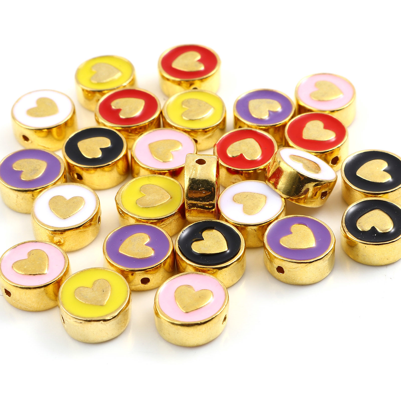 Picture of Zinc Based Alloy Valentine's Day Spacer Beads Flat Round Gold Plated Multicolor Heart Enamel About 10mm Dia., Hole: Approx 1.3mm, 10 PCs