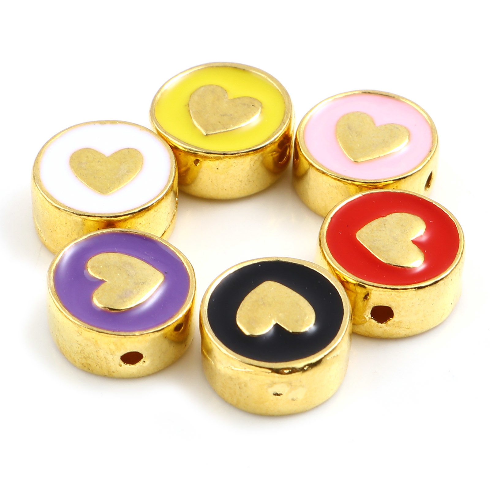 Picture of Zinc Based Alloy Valentine's Day Spacer Beads Flat Round Gold Plated Multicolor Heart Enamel About 10mm Dia., Hole: Approx 1.3mm, 10 PCs