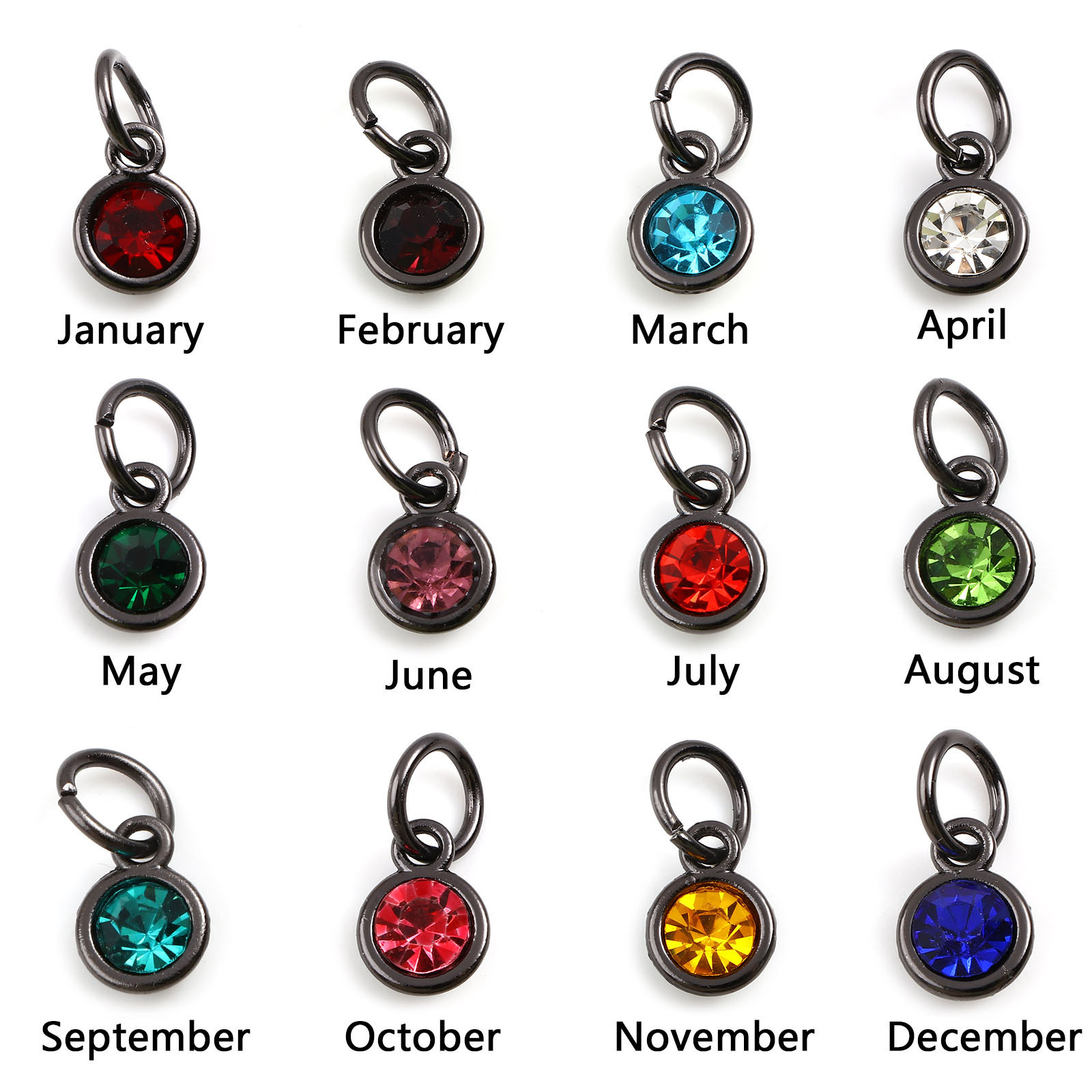 Picture of Zinc Based Alloy & Glass Birthstone Charms Round Gunmetal Multicolor 15mm x 7mm, 10 PCs