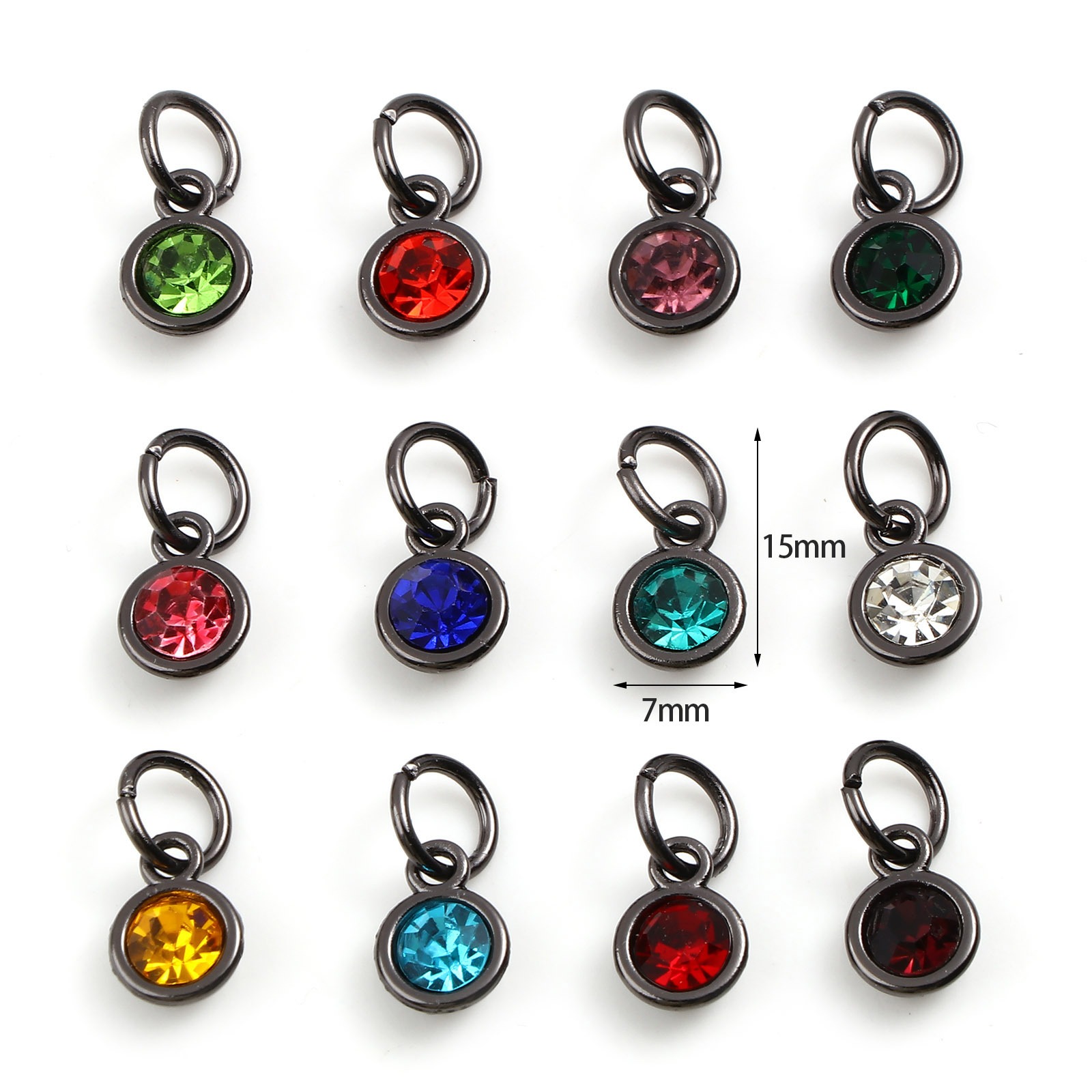 Picture of Zinc Based Alloy & Glass Birthstone Charms Round Gunmetal Multicolor 15mm x 7mm, 10 PCs