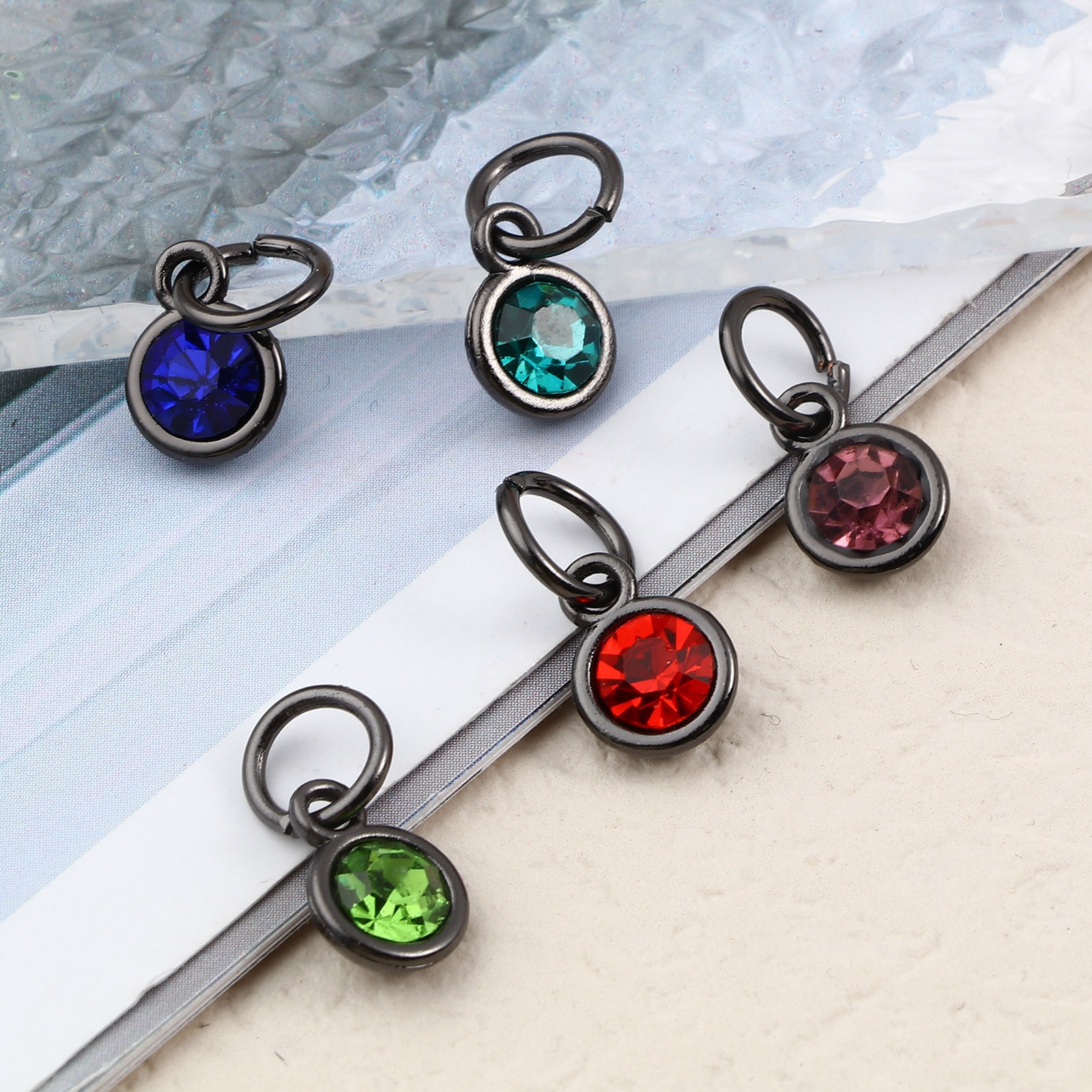Picture of Zinc Based Alloy & Glass Birthstone Charms Round Gunmetal Multicolor 15mm x 7mm, 10 PCs
