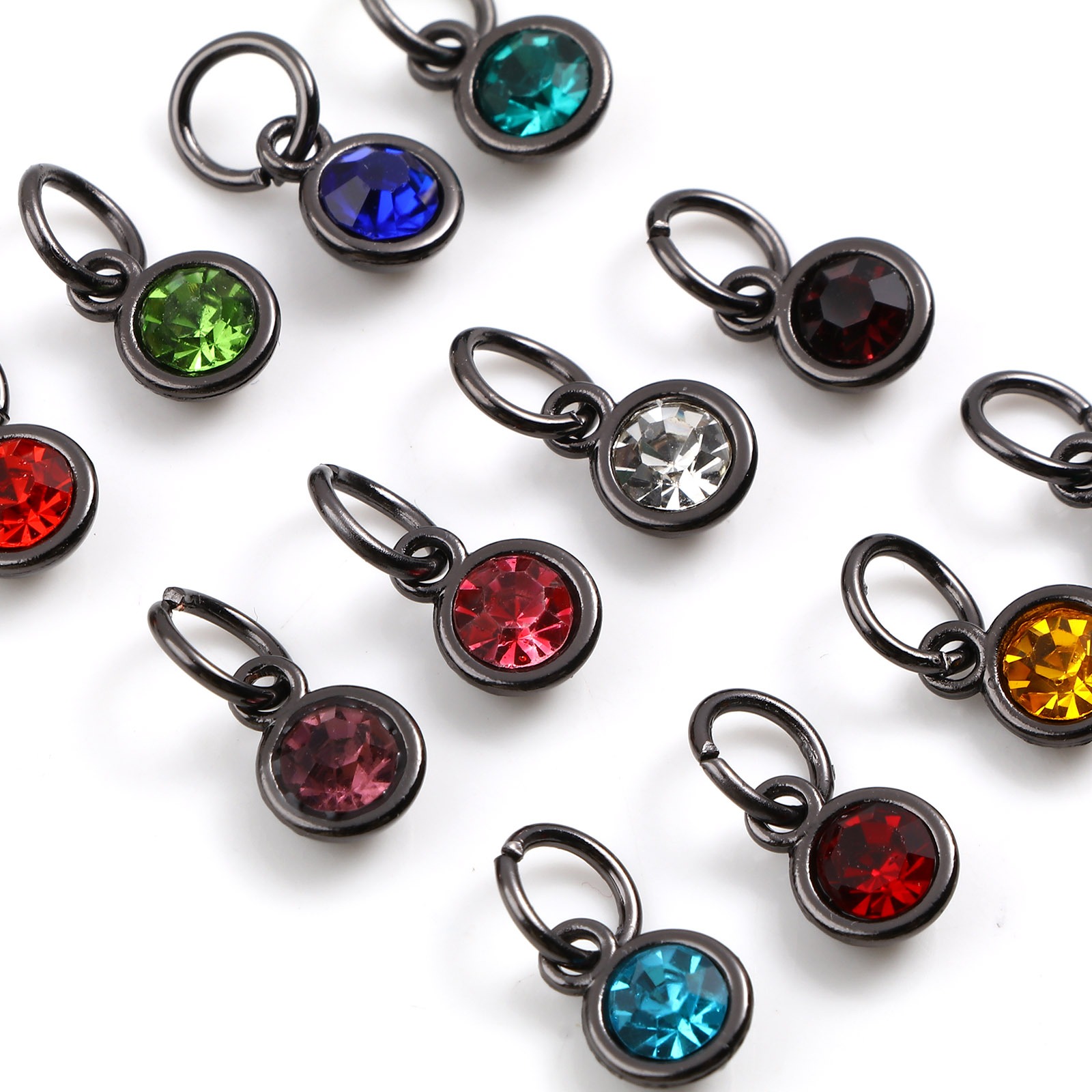 Picture of Zinc Based Alloy & Glass Birthstone Charms Round Gunmetal Multicolor 15mm x 7mm, 10 PCs