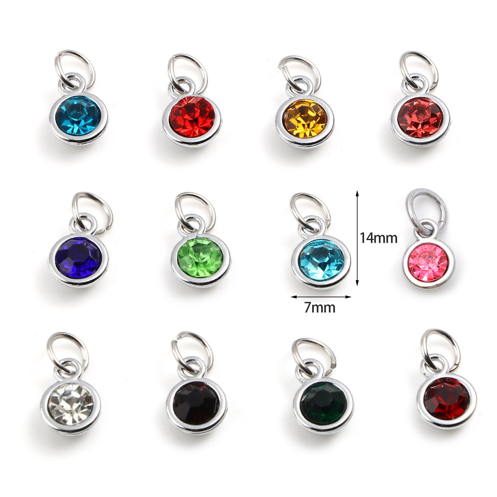 Picture of Zinc Based Alloy & Glass Birthstone Charms Round Silver Tone Multicolor 14mm x 7mm, 10 PCs