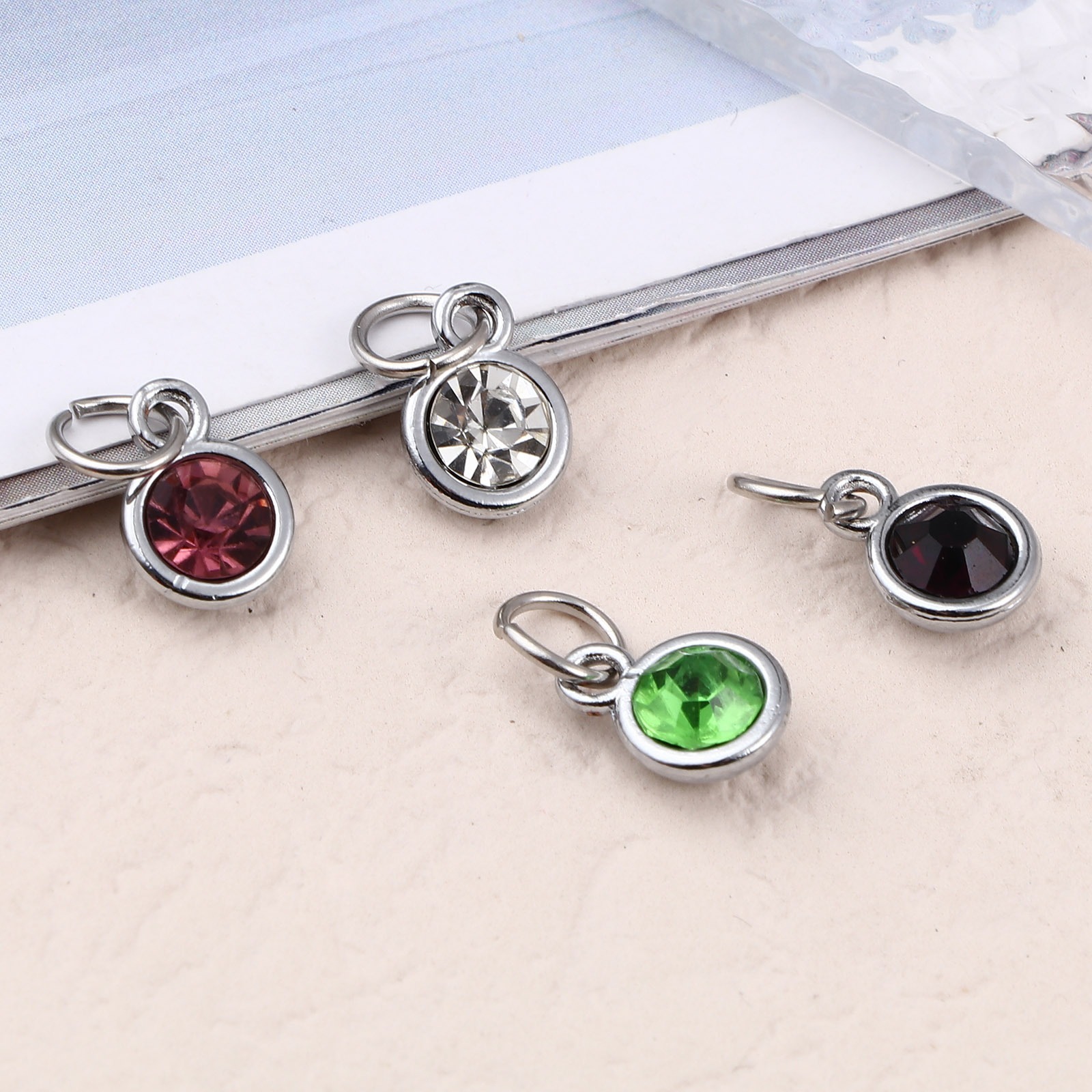 Picture of Zinc Based Alloy & Glass Birthstone Charms Round Silver Tone Multicolor 14mm x 7mm, 10 PCs