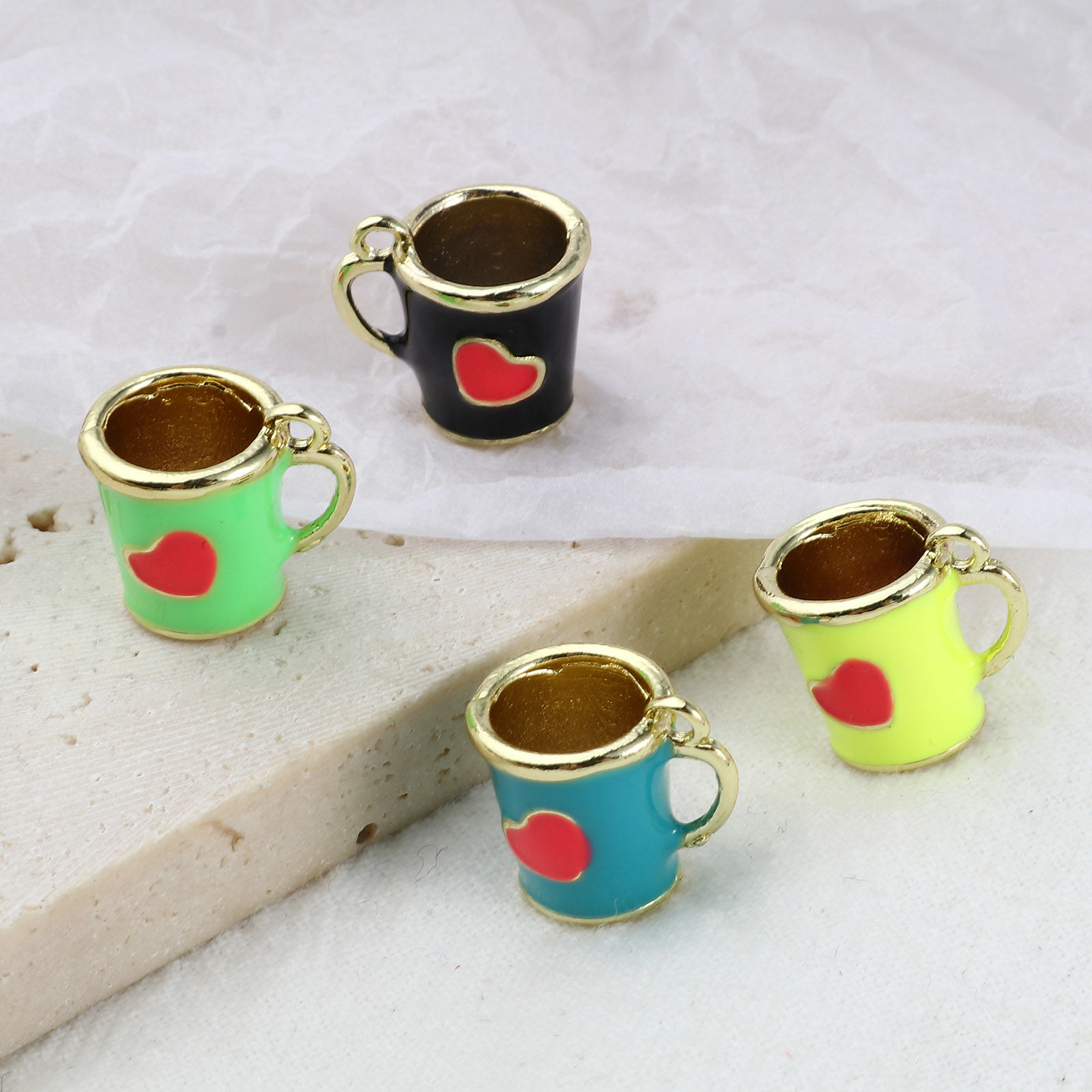 Picture of Zinc Based Alloy Valentine's Day Charms Cup Gold Plated Multicolor Heart Enamel 14mm x 13mm, 2 PCs
