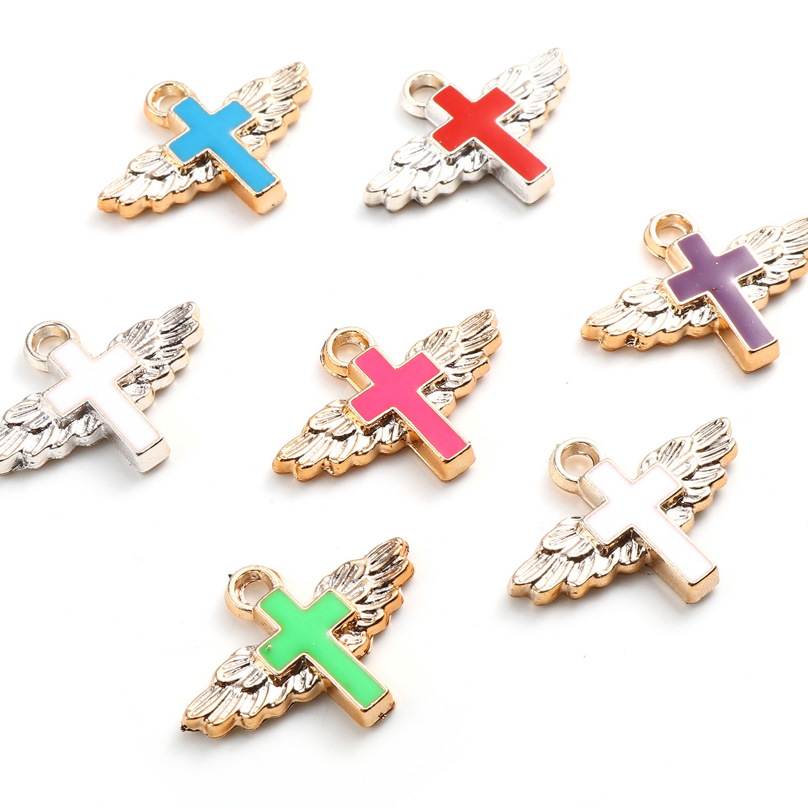 Picture of CCB Plastic Religious Charms Cross Rose Gold Multicolor Enamel Wing 29mm x 22mm, 10 PCs