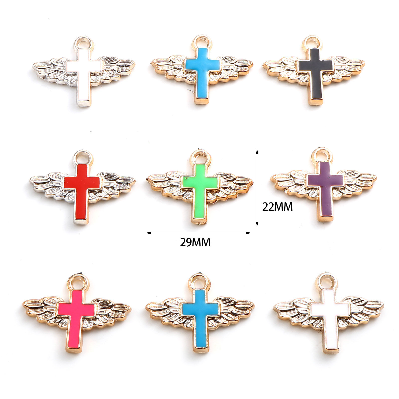 Picture of CCB Plastic Religious Charms Cross Rose Gold Multicolor Enamel Wing 29mm x 22mm, 10 PCs