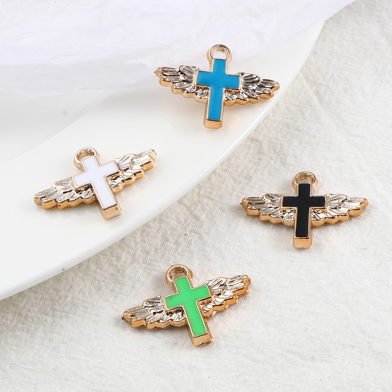 Picture of CCB Plastic Religious Charms Cross Rose Gold Multicolor Enamel Wing 29mm x 22mm, 10 PCs