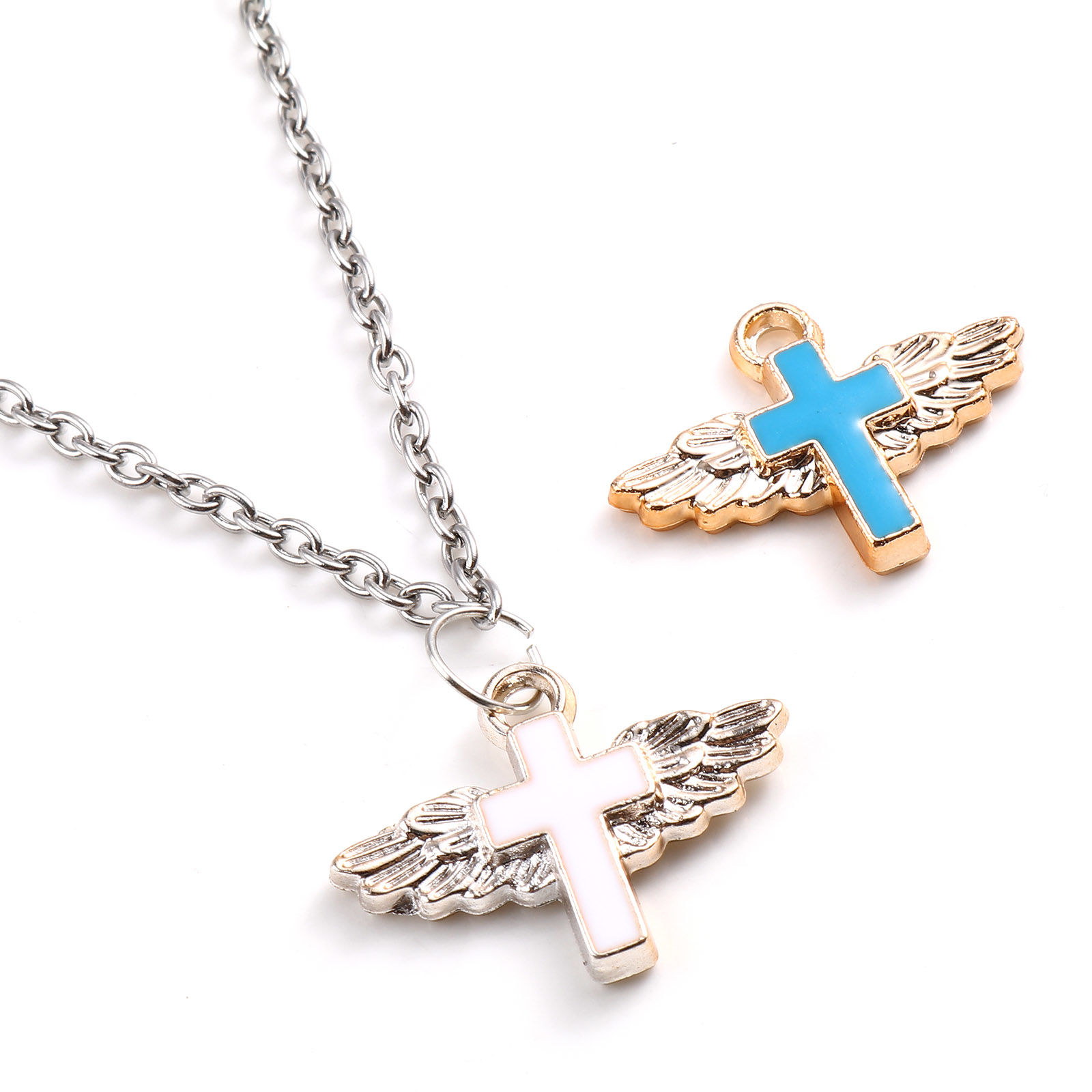 Picture of CCB Plastic Religious Charms Cross Rose Gold Multicolor Enamel Wing 29mm x 22mm, 10 PCs