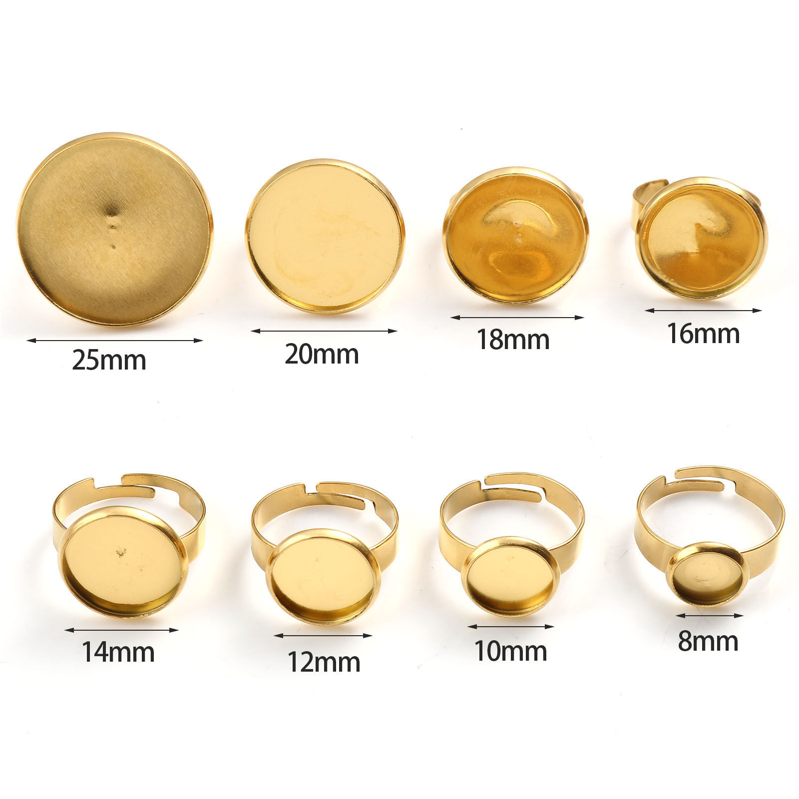 Picture of Stainless Steel Open Adjustable Rings Gold Plated Round Cabochon Settings 17.3mm(US Size 7), 1 Piece
