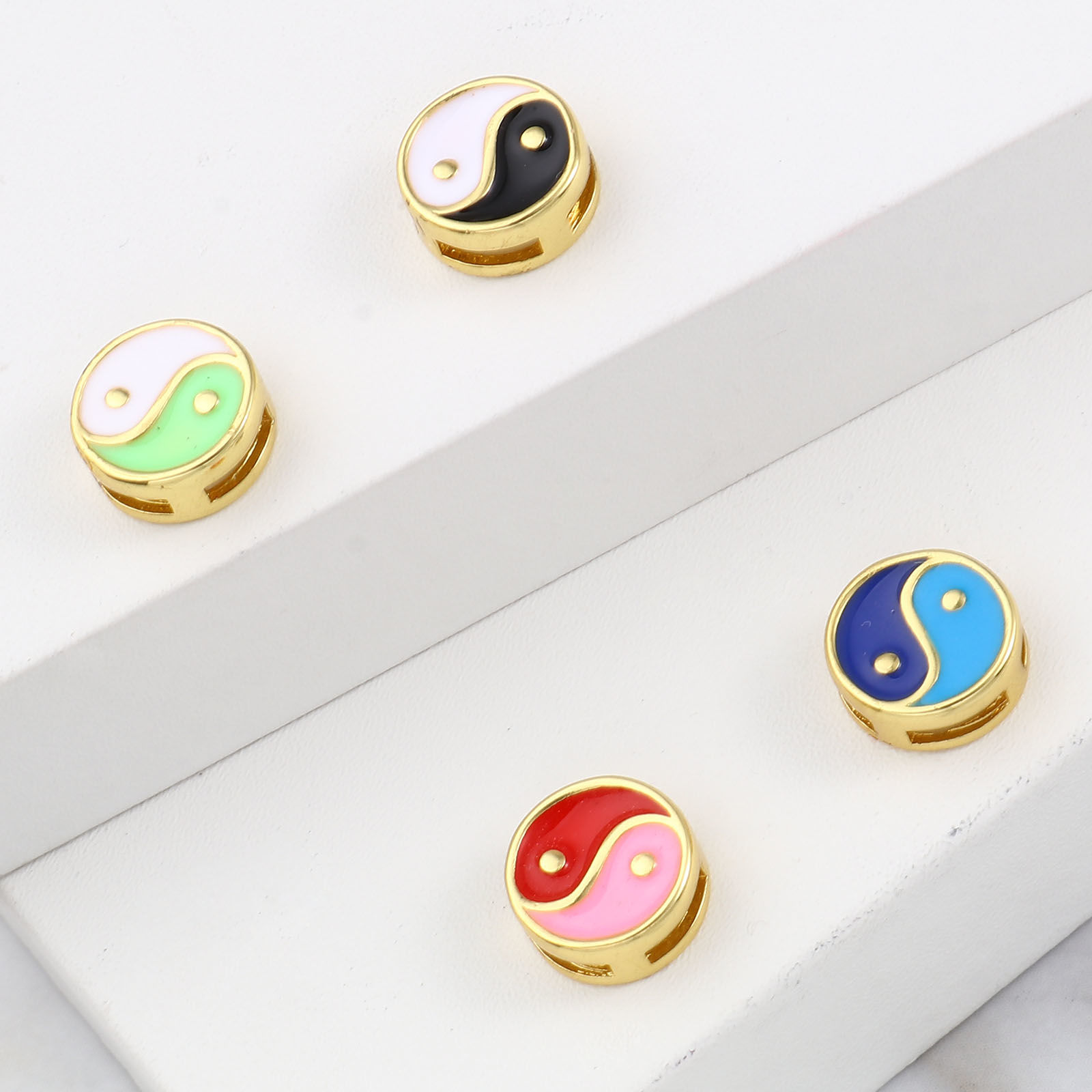 Picture of Brass Religious Spacer Beads Gold Plated Multicolor Flat Round Eight Diagrams Enamel 10mm Dia., Hole: Approx 5mmx1.4mm, 1 Piece