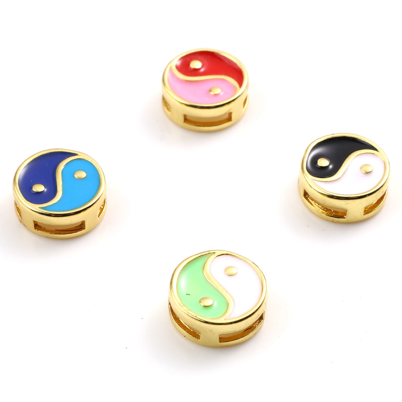 Picture of Brass Religious Spacer Beads Gold Plated Multicolor Flat Round Eight Diagrams Enamel 10mm Dia., Hole: Approx 5mmx1.4mm, 1 Piece