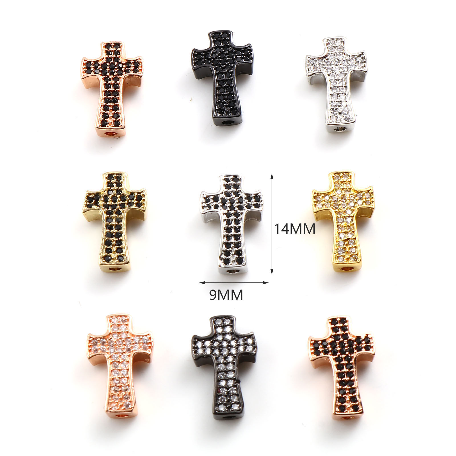 Picture of Brass Religious Spacer Beads Cross Micro Pave Multicolour Cubic Zirconia 14mm x 9mm, Hole: Approx 1.7mm, 2 PCs