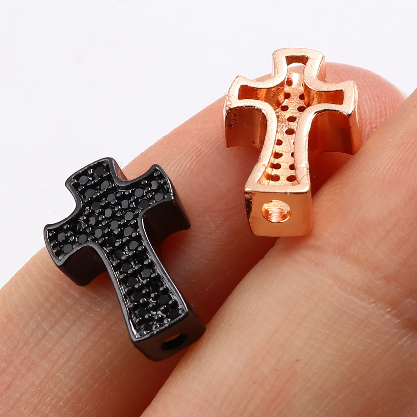 Picture of Brass Religious Spacer Beads Cross Micro Pave Multicolour Cubic Zirconia 14mm x 9mm, Hole: Approx 1.7mm, 2 PCs
