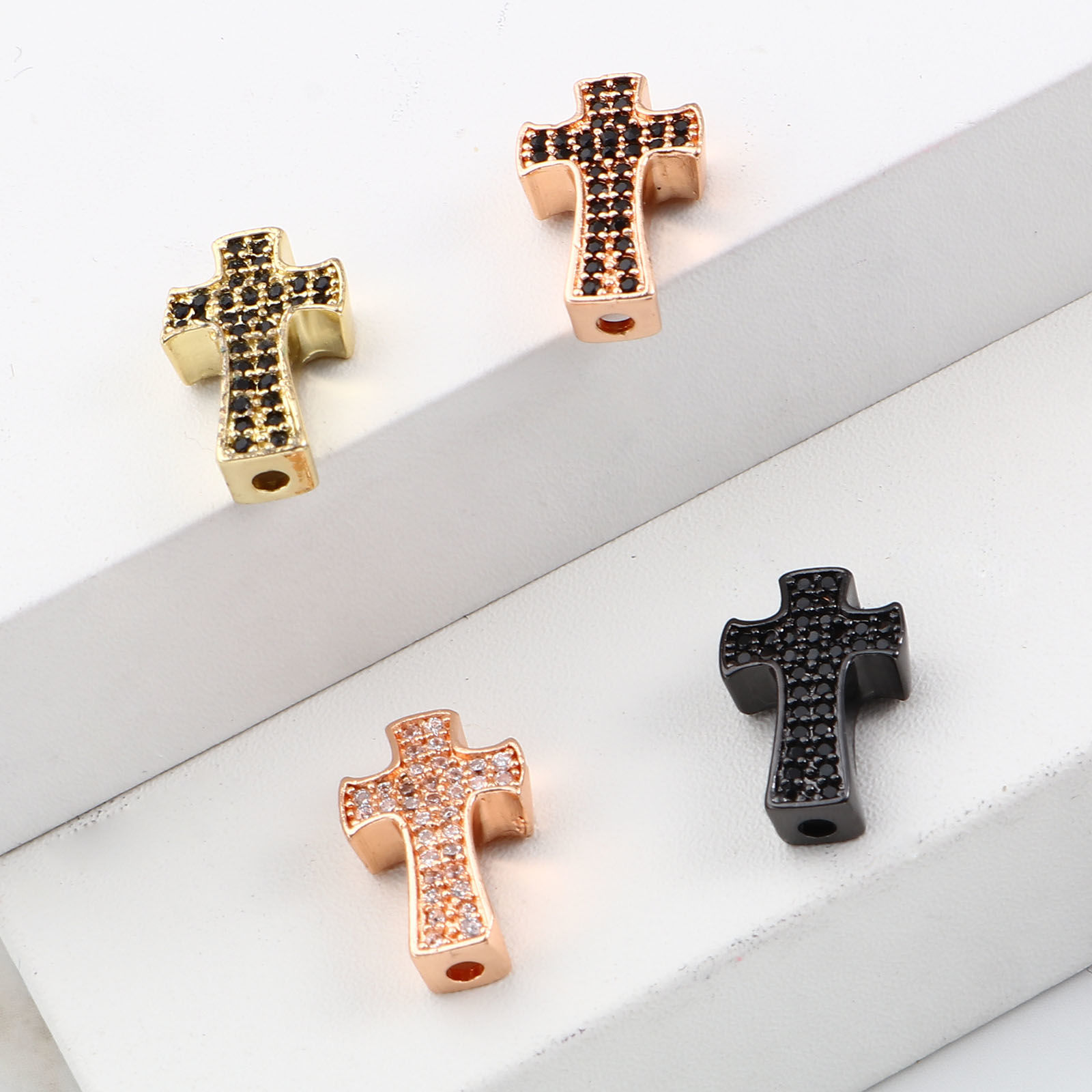 Picture of Brass Religious Spacer Beads Cross Micro Pave Multicolour Cubic Zirconia 14mm x 9mm, Hole: Approx 1.7mm, 2 PCs