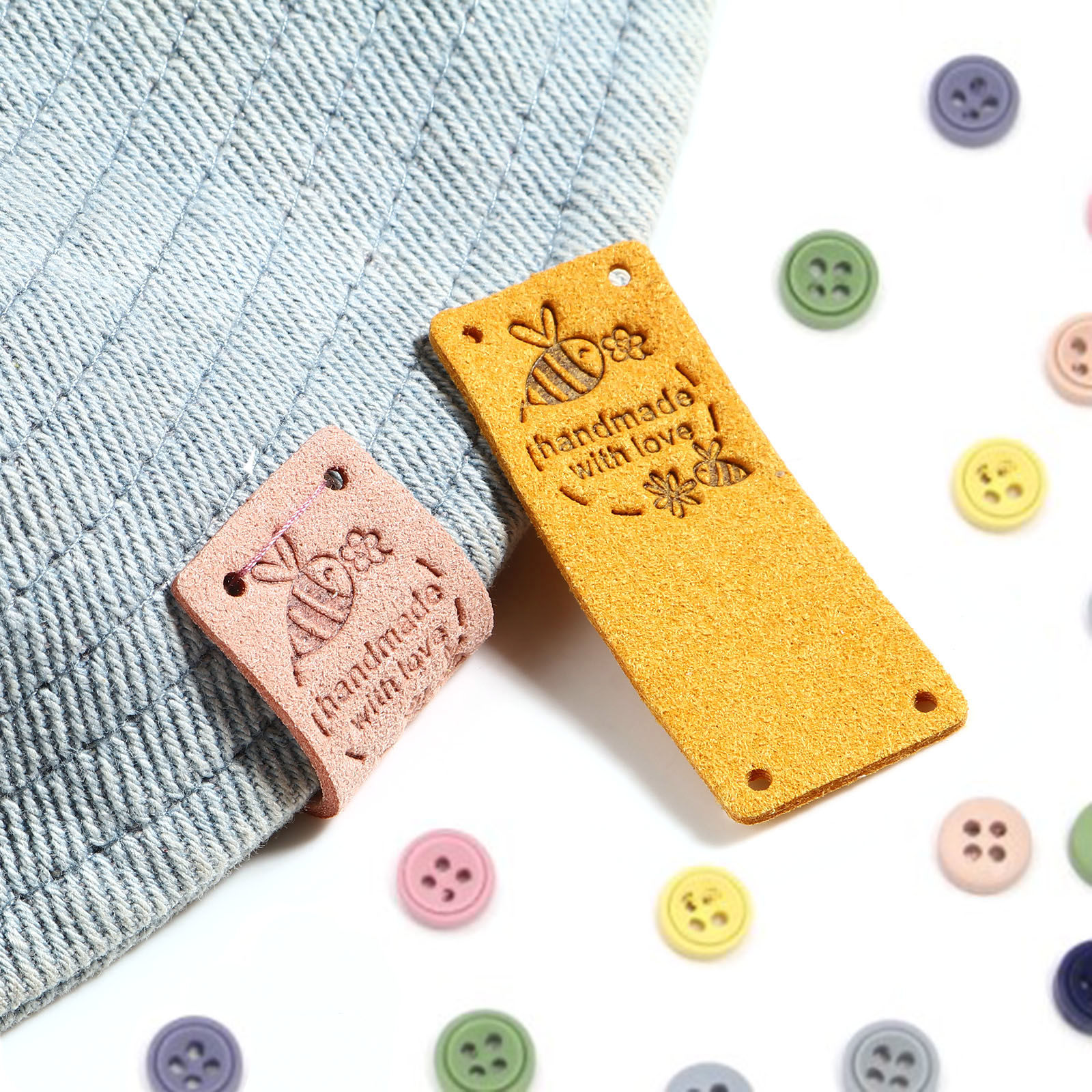 Picture of Microfiber Insect Label Tags Rectangle Multicolor Bee Pattern " Hand Made With Love " Faux Suede 50mm x 20mm , 10 PCs