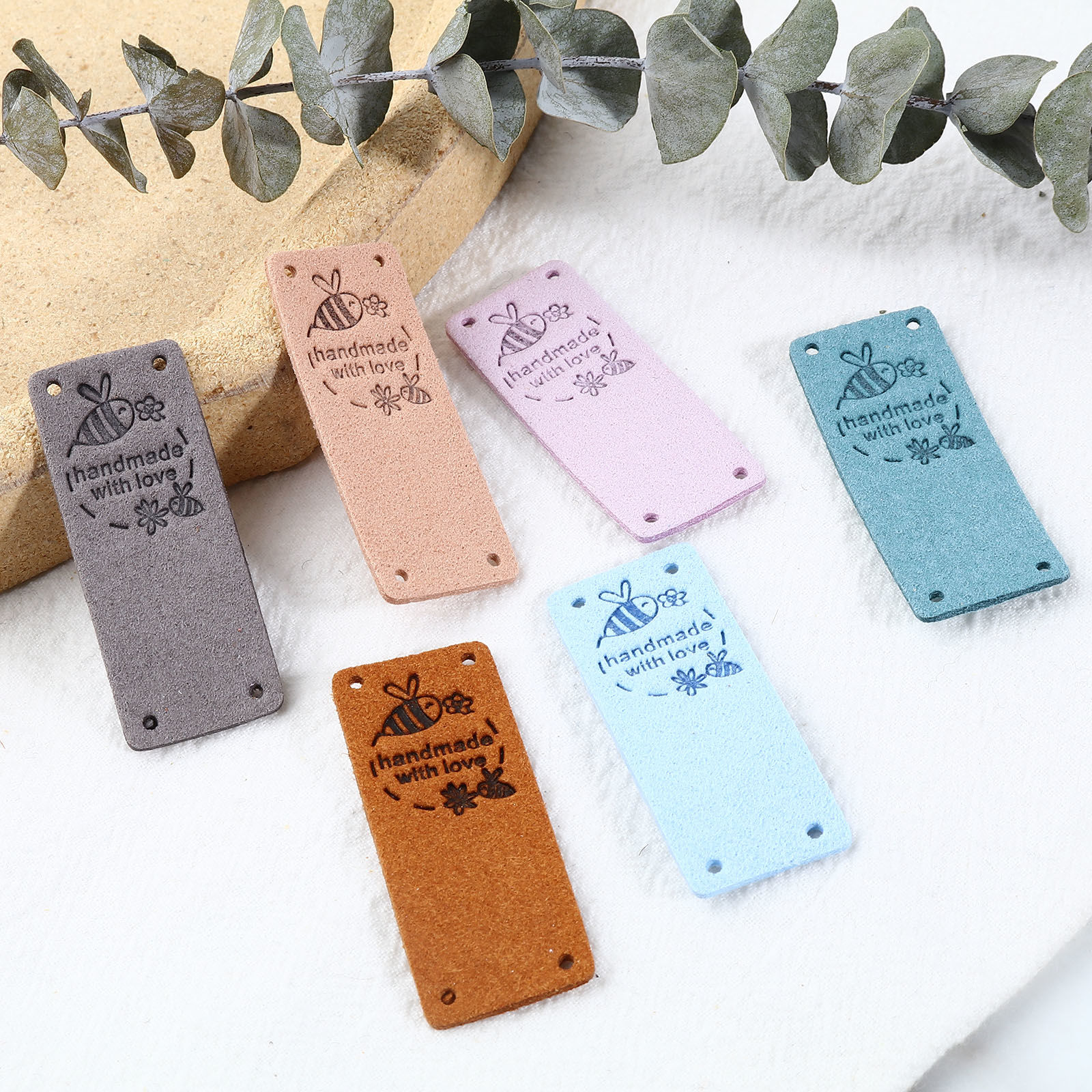 Picture of Microfiber Insect Label Tags Rectangle Multicolor Bee Pattern " Hand Made With Love " Faux Suede 50mm x 20mm , 10 PCs