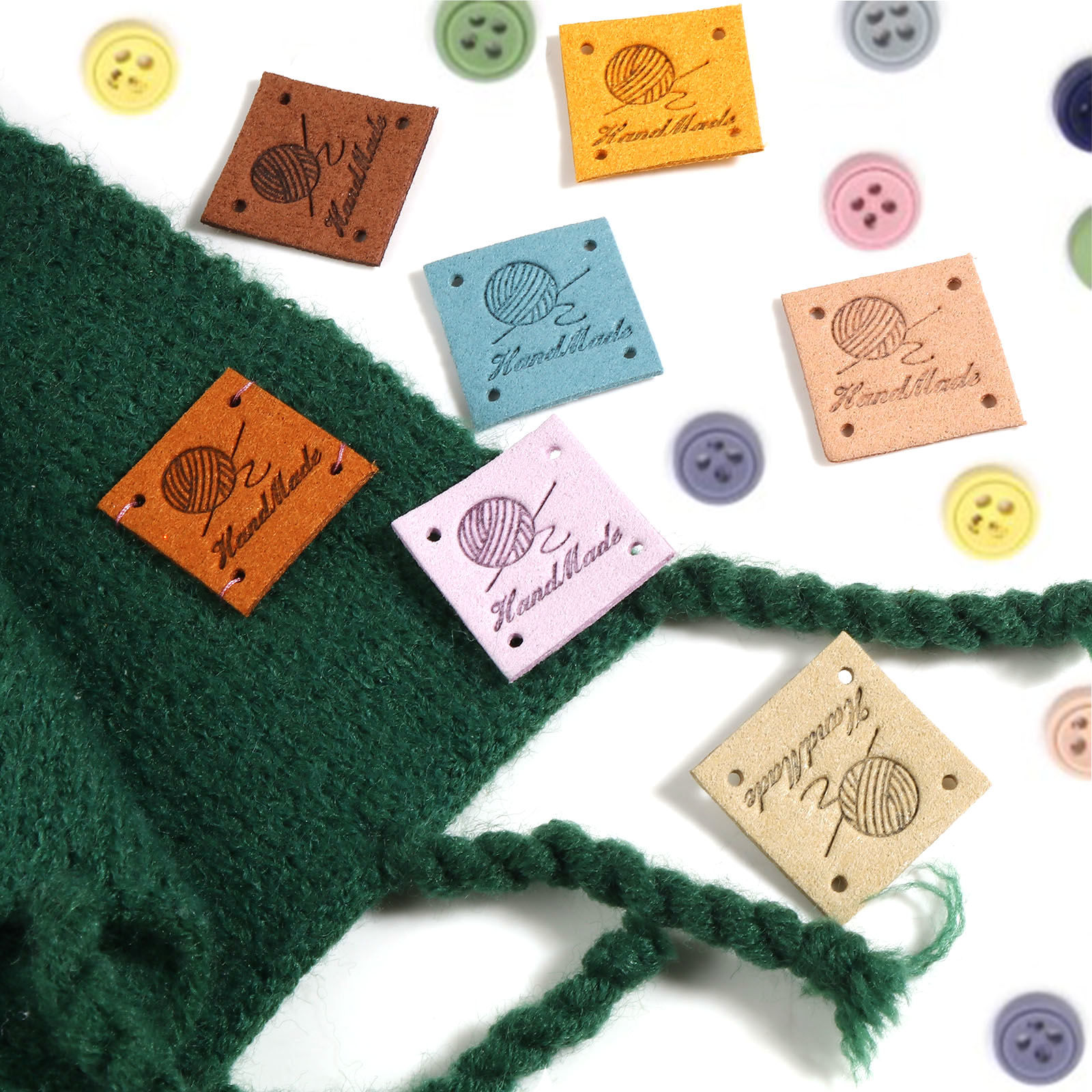 Picture of Microfiber Label Tags Ball of yarn Multicolor Square Pattern " Handmade " Faux Suede 25mm x 25mm , 20 PCs