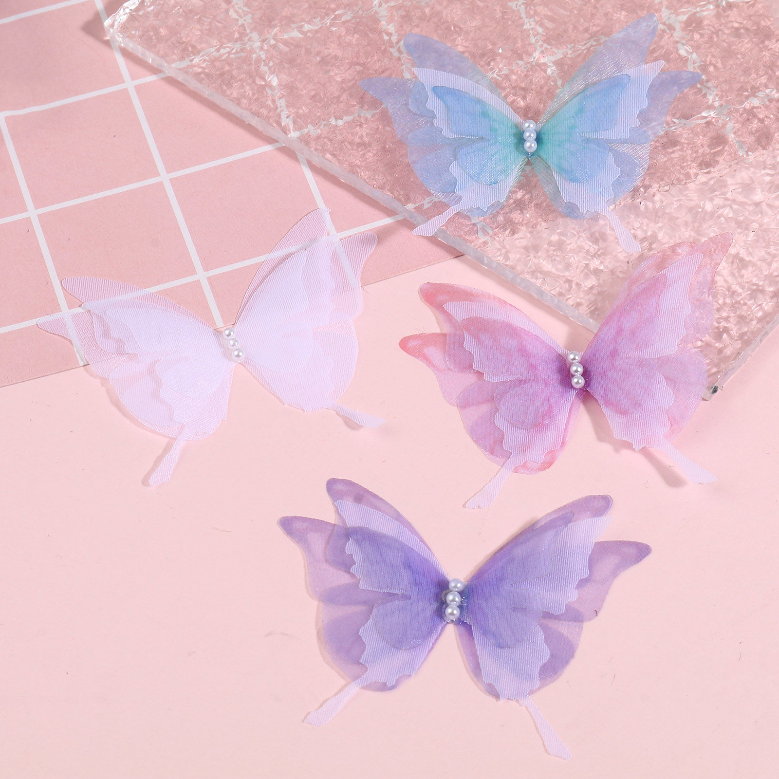 Picture of Organza Ethereal Butterfly Appliques Patches DIY Scrapbooking Multicolor Butterfly Animal Transparent 6.5cm x 5.5cm, 2 PCs