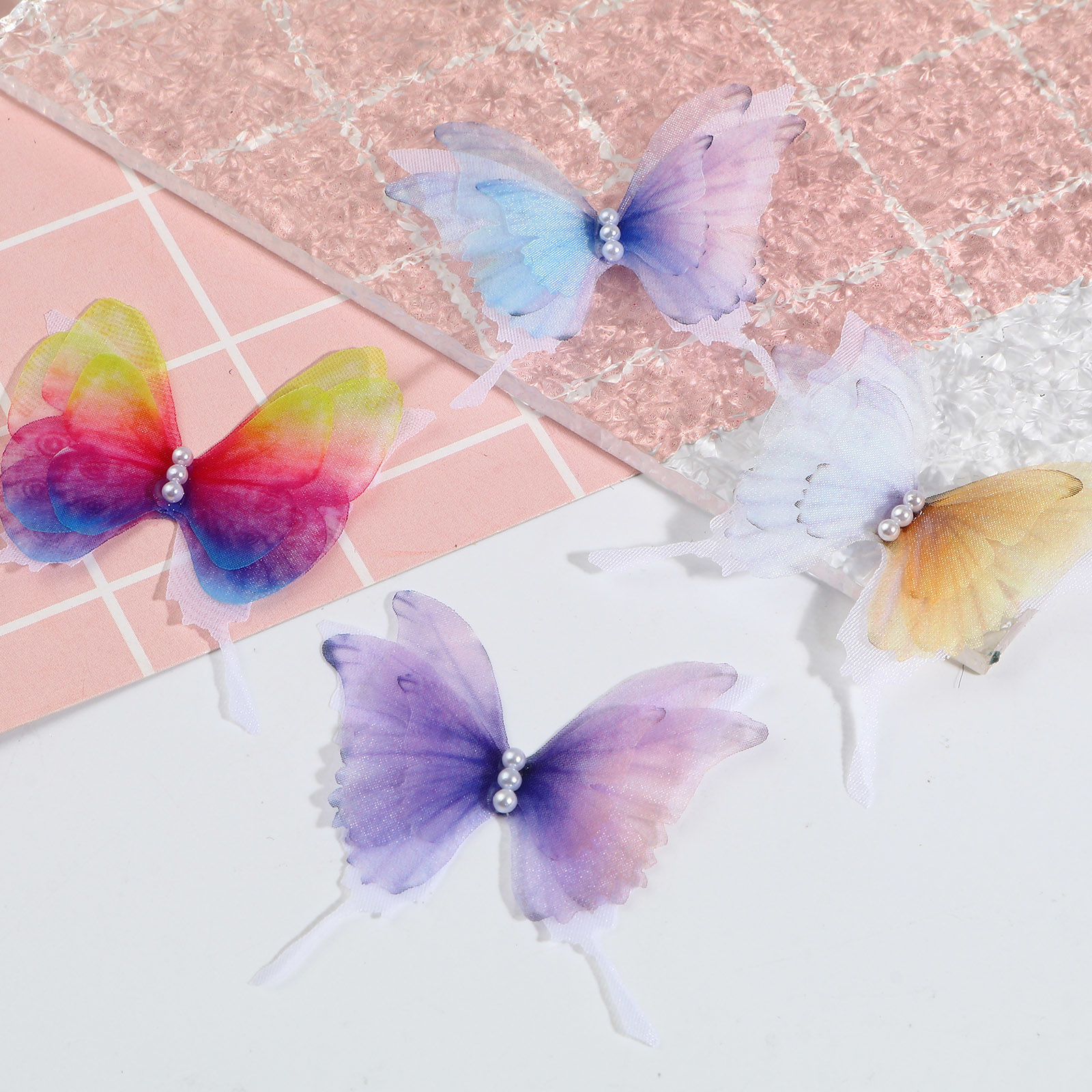 Picture of Organza Ethereal Butterfly Appliques Patches DIY Scrapbooking Multicolor Butterfly Animal Transparent 5cm x 4.5cm, 2 PCs