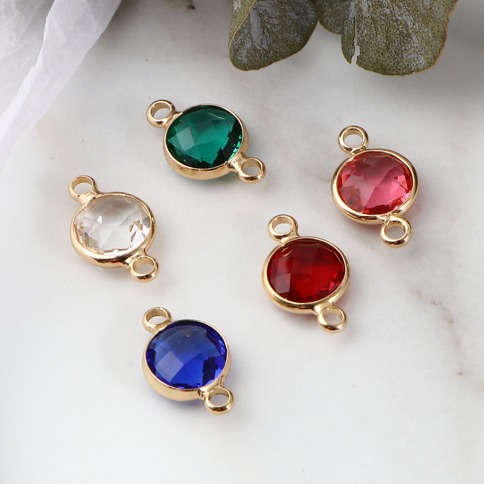 Bild von Messing + Glas Monatsstein Verbinder Vergoldet Bunt Rund Facettiert 15mm x 9mm, 5 Stück