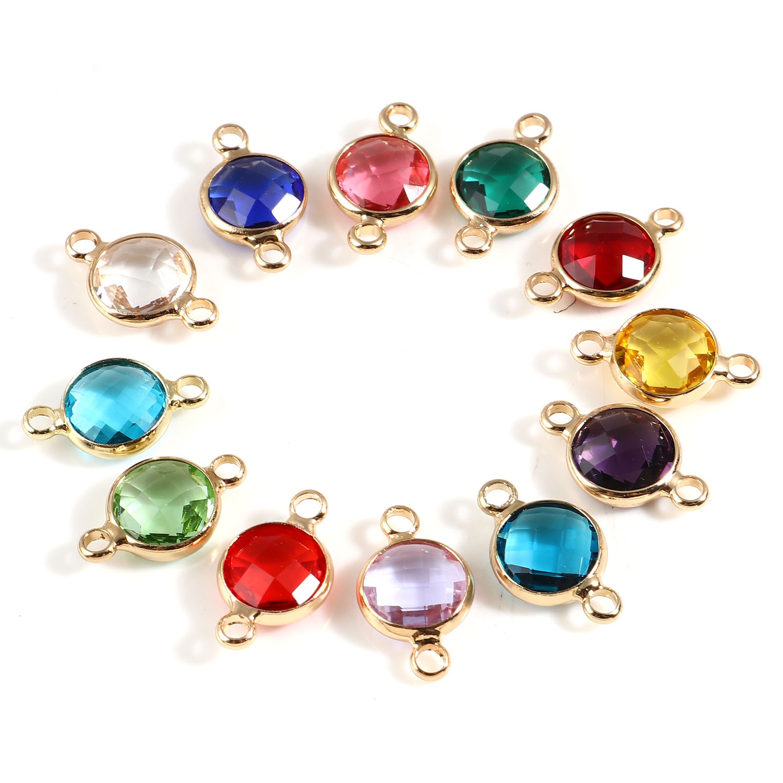 Bild von Messing + Glas Monatsstein Verbinder Vergoldet Bunt Rund Facettiert 15mm x 9mm, 5 Stück