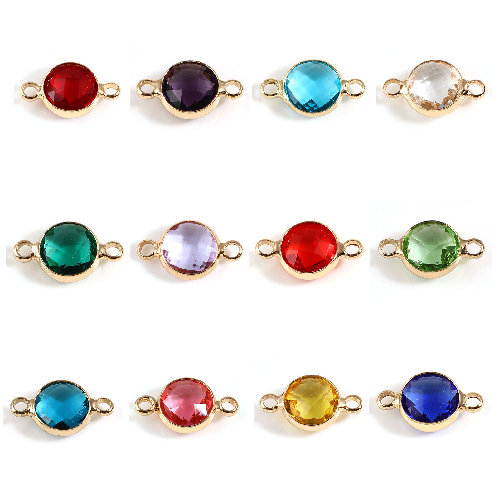 Bild von Messing + Glas Monatsstein Verbinder Vergoldet Bunt Rund Facettiert 15mm x 9mm, 5 Stück