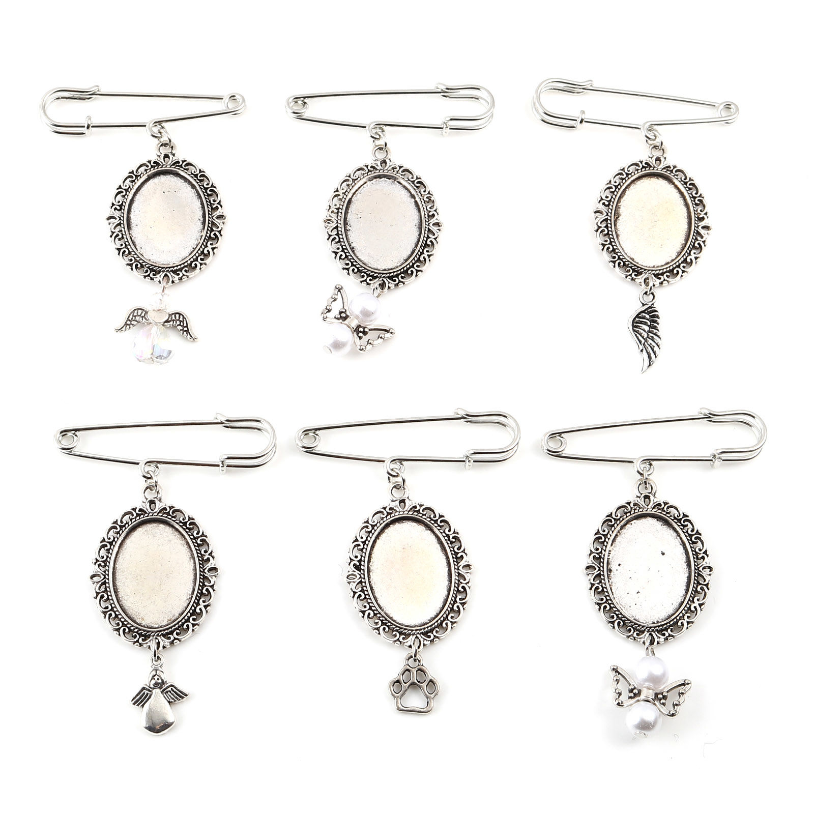 Picture of Zinc Based Alloy Cabochon Settings Pin Brooches Findings Pin Antique Silver Color Cabochon Settings 2 PCs