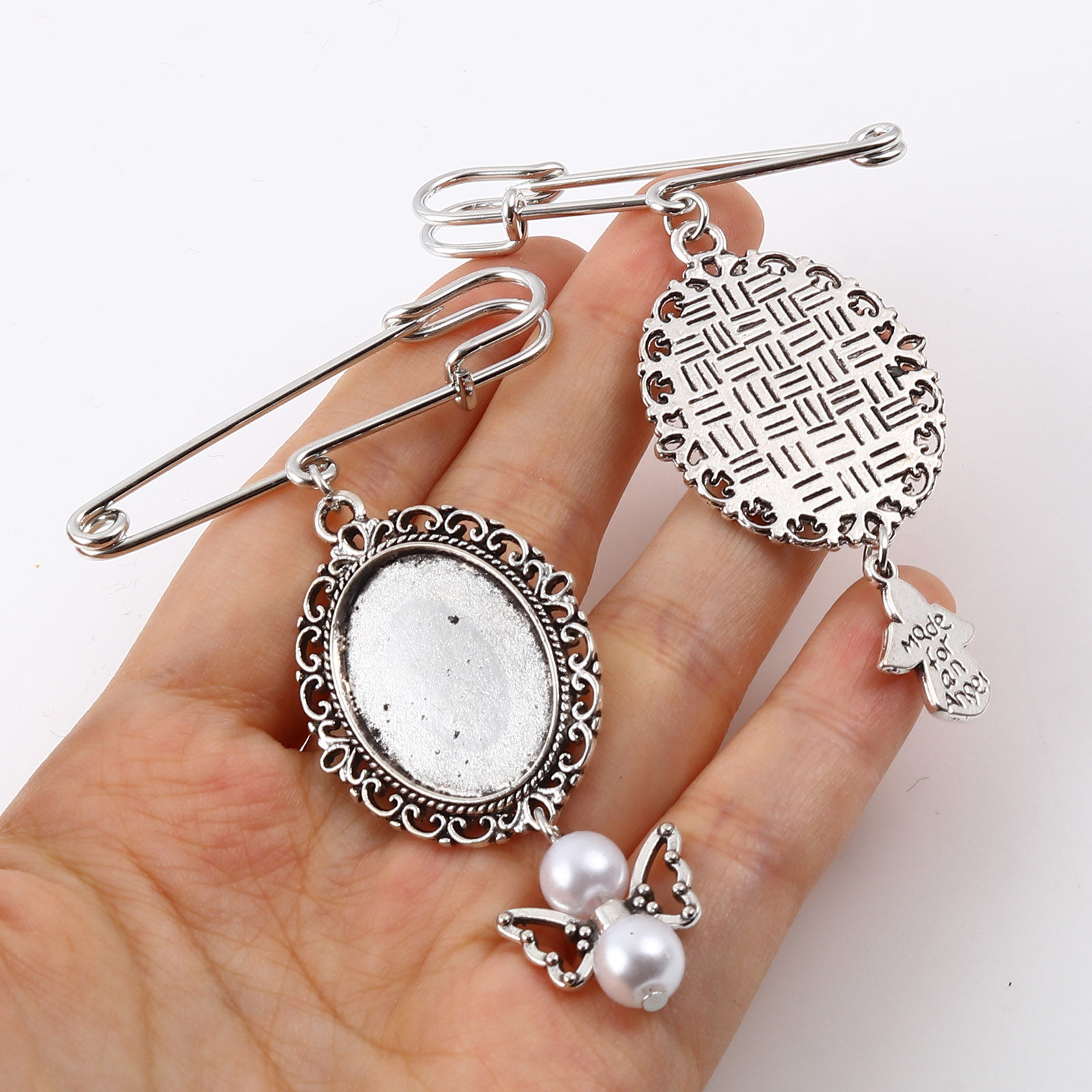 Picture of Zinc Based Alloy Cabochon Settings Pin Brooches Findings Pin Antique Silver Color Cabochon Settings 2 PCs