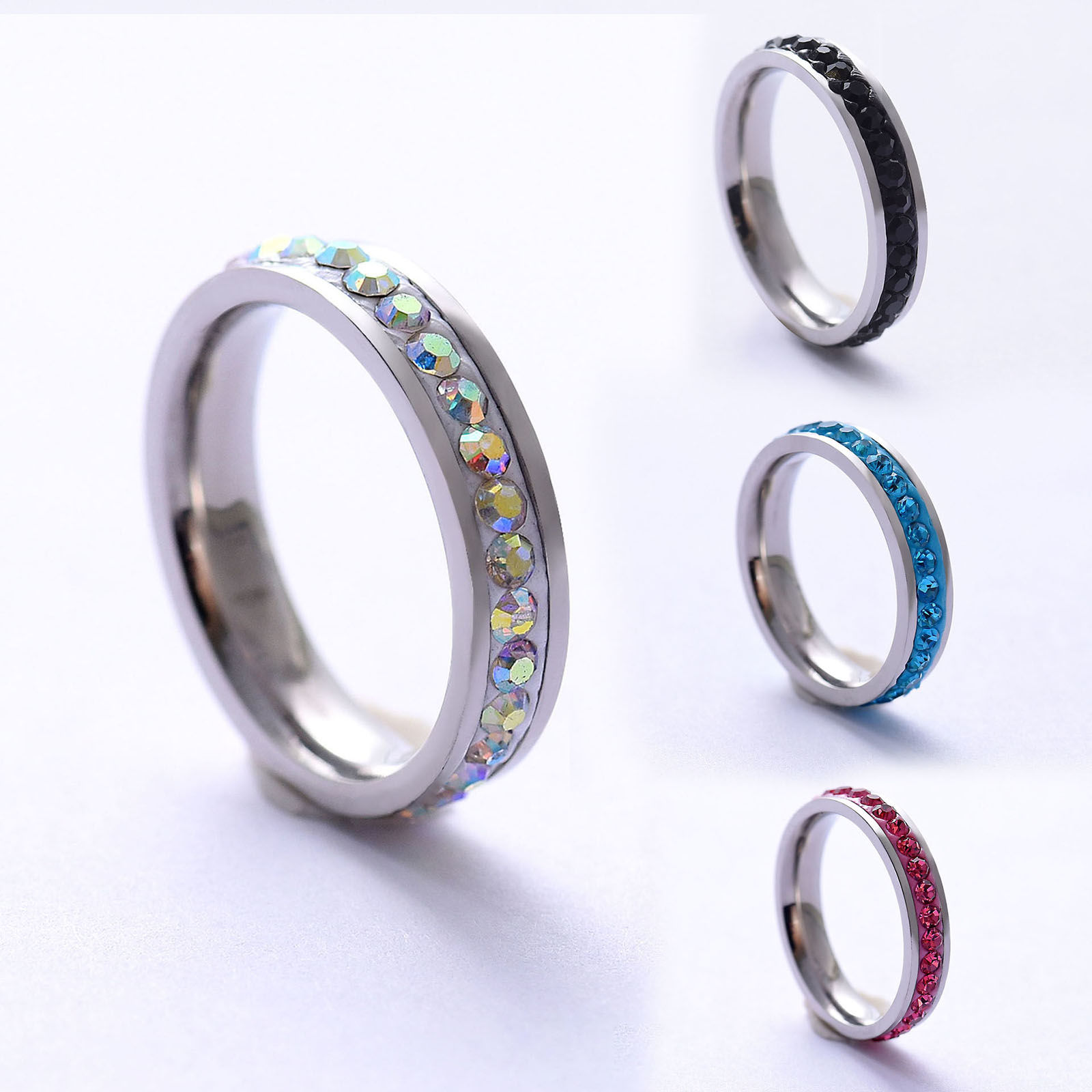 Imagen de 201 Acero Inoxidable Micro Pave No Ajustable Anillos Tono de Plata Multicolor Rhinestone 1 Unidad