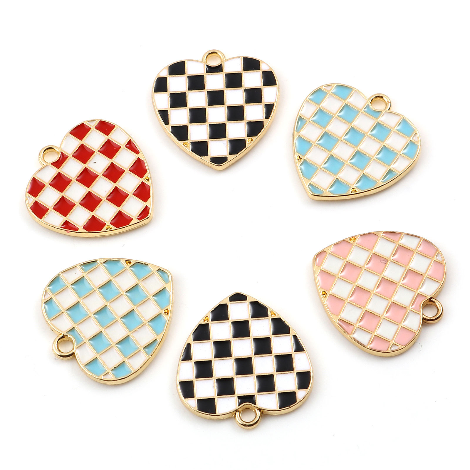 Picture of Zinc Based Alloy Mosaic Charms Heart Gold Plated Multicolor Grid Checker Enamel