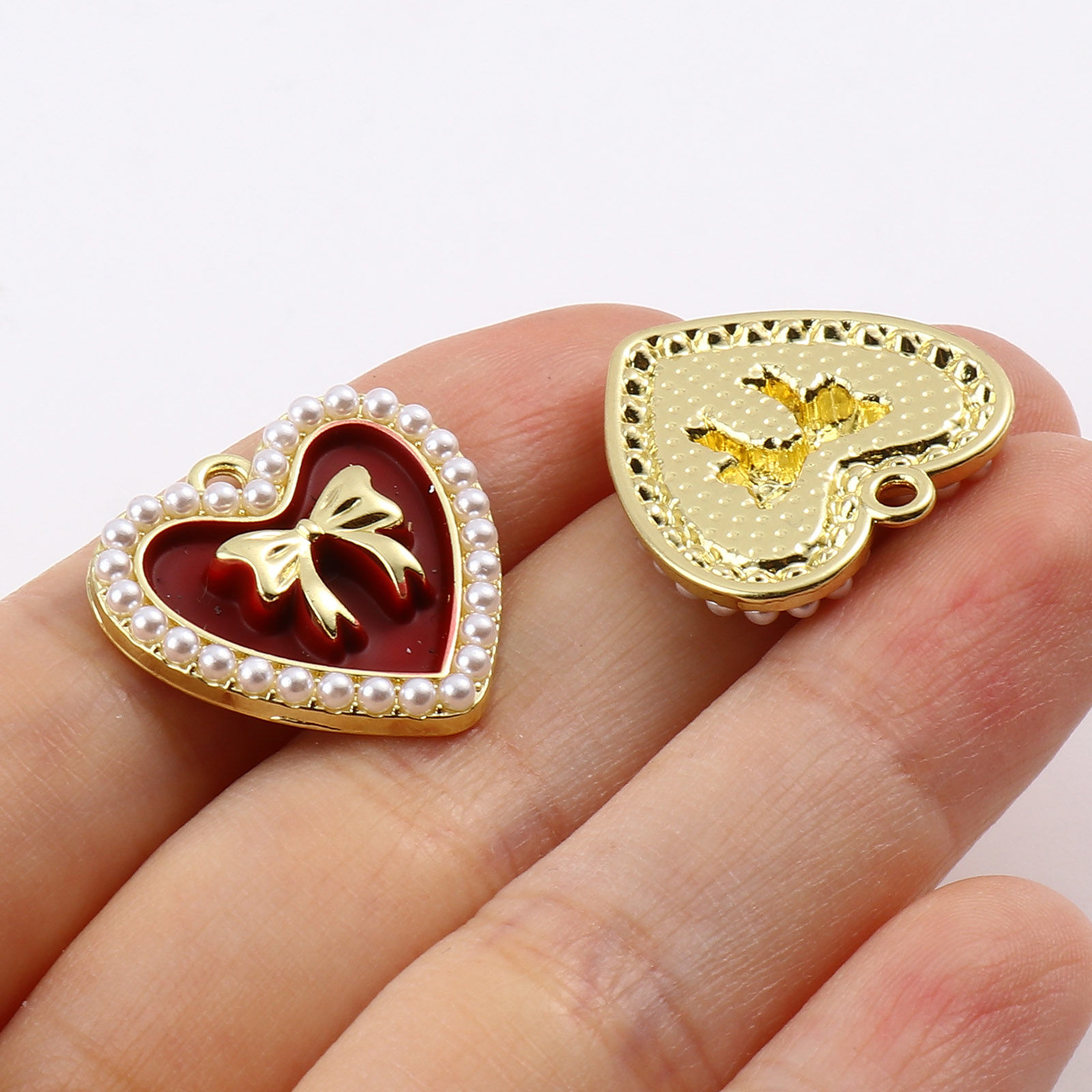 Bild von Zinklegierung Charms Herz Vergoldet Bunt Schleife Emaille 21mm x 21mm, 5 Stück