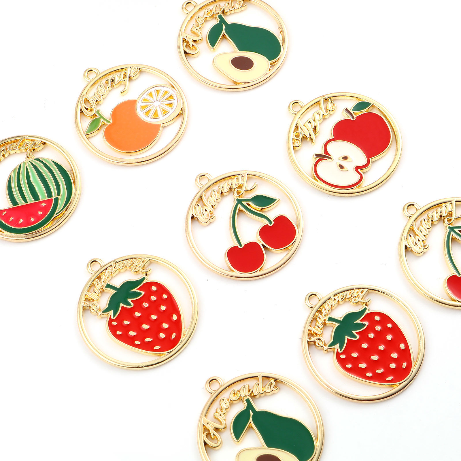 Immagine di Lega di Zinco Ciondoli Tondo Oro Placcato Multicolore Frutta Smalto 3.1cm x 2.8cm , 10 Pz