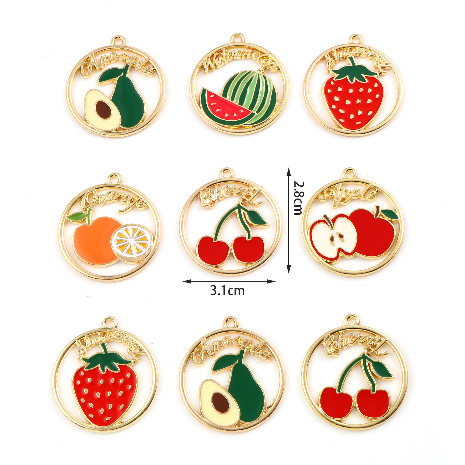 Immagine di Lega di Zinco Ciondoli Tondo Oro Placcato Multicolore Frutta Smalto 3.1cm x 2.8cm , 10 Pz