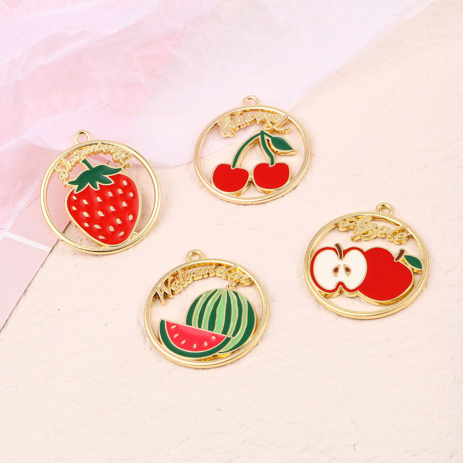 Immagine di Lega di Zinco Ciondoli Tondo Oro Placcato Multicolore Frutta Smalto 3.1cm x 2.8cm , 10 Pz