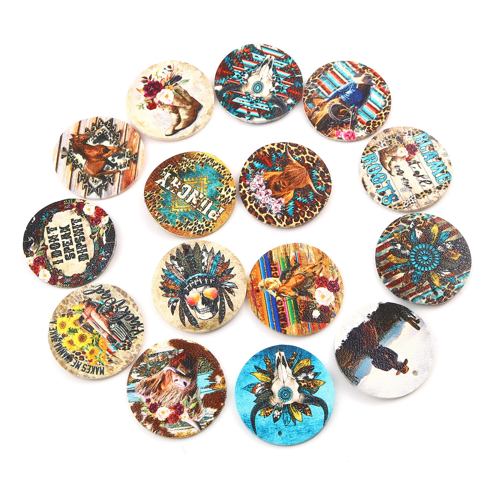 Picture of PU Leather Boho Chic Bohemia Pendants Round Disc Multicolor