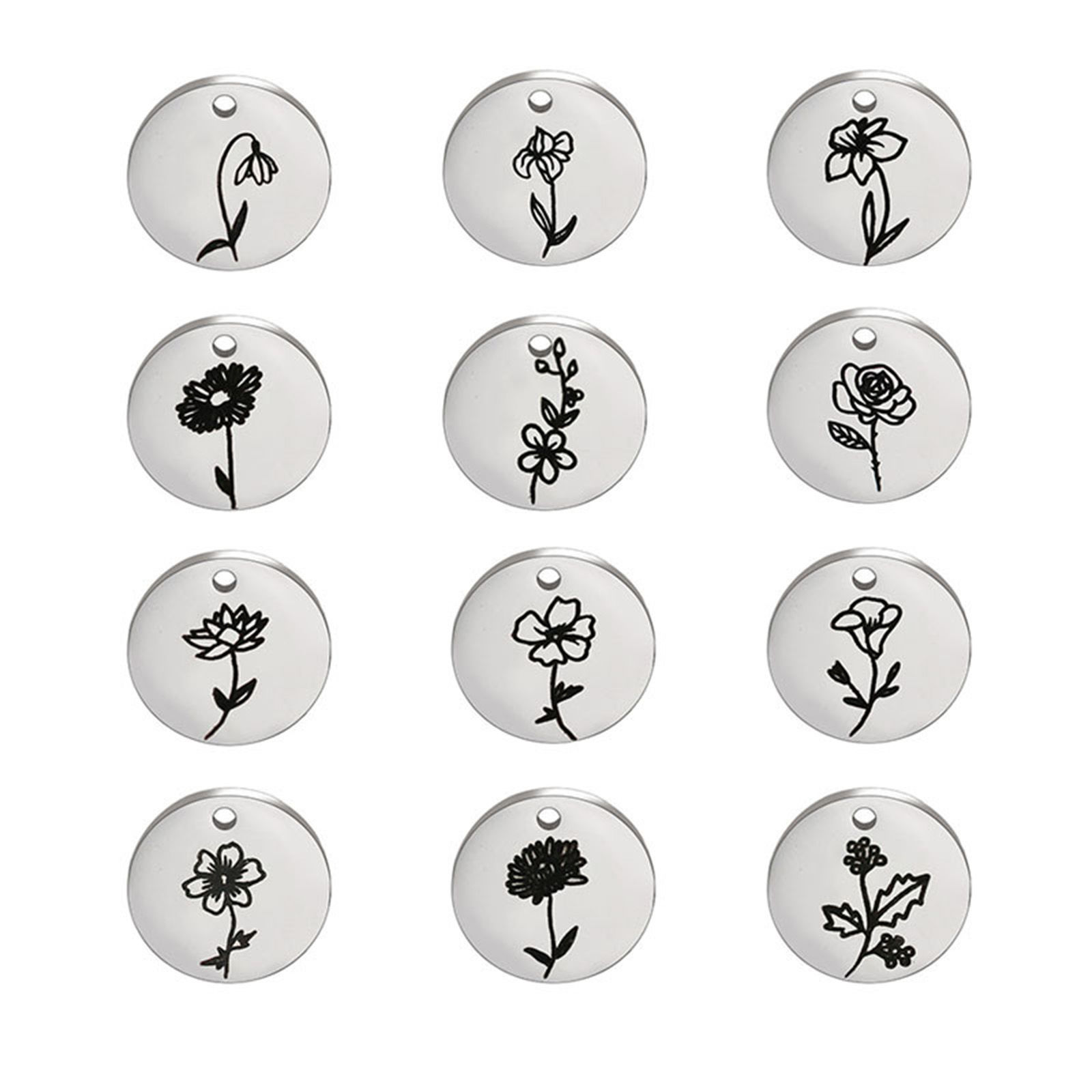 Image de 1 Pièce Breloques en 304 Acier Inoxydable Fleur de Mois de Naissance Argent Mat Noir Disque Rond 15mm Dia.