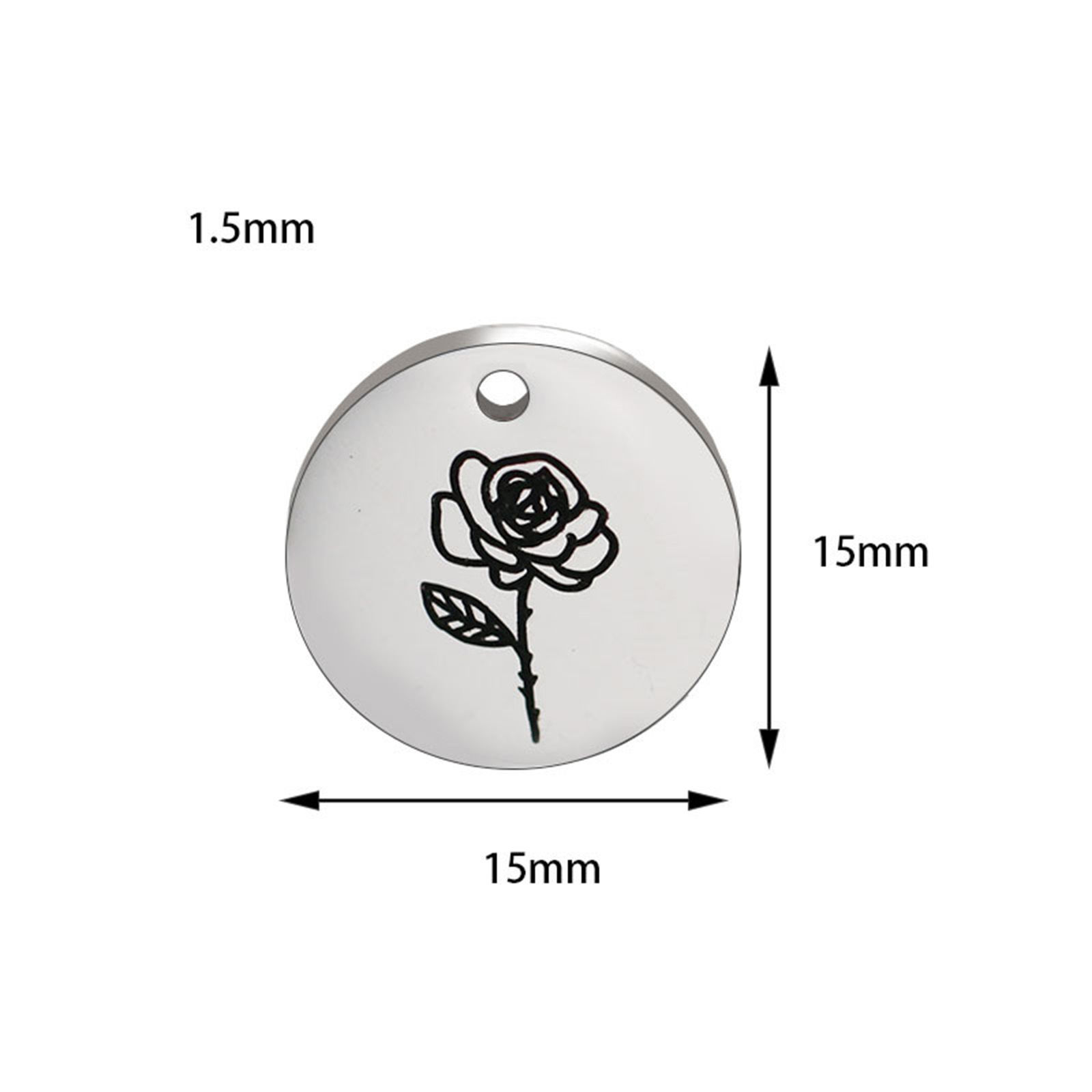 Image de 1 Pièce Breloques en 304 Acier Inoxydable Fleur de Mois de Naissance Argent Mat Noir Disque Rond 15mm Dia.