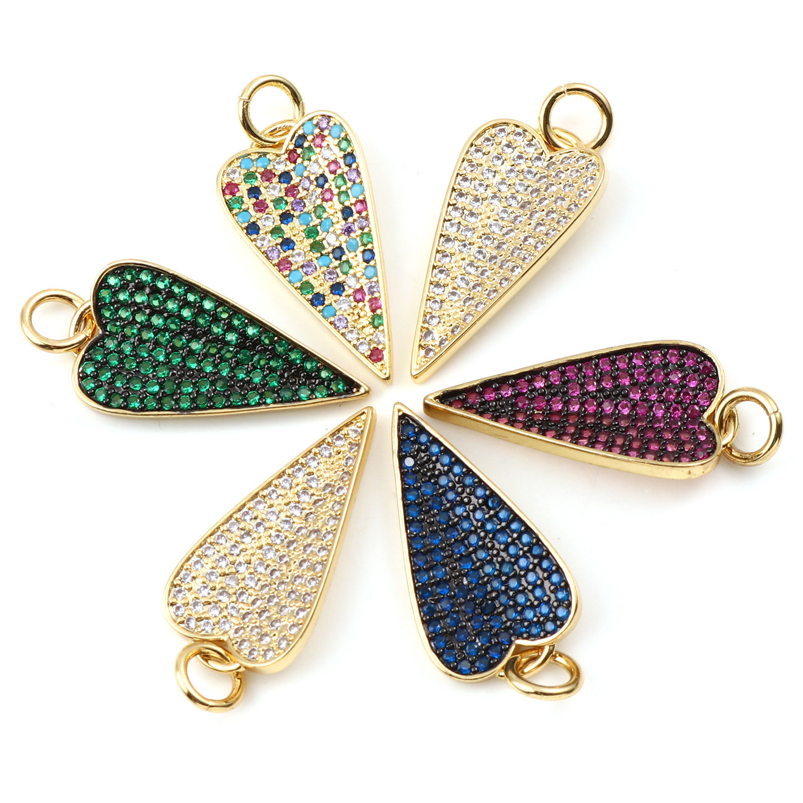Imagen de Latón Micro Pave Colgantes Charms Chapado en Oro Corazón Multicolor Rhinestone 1 Unidad